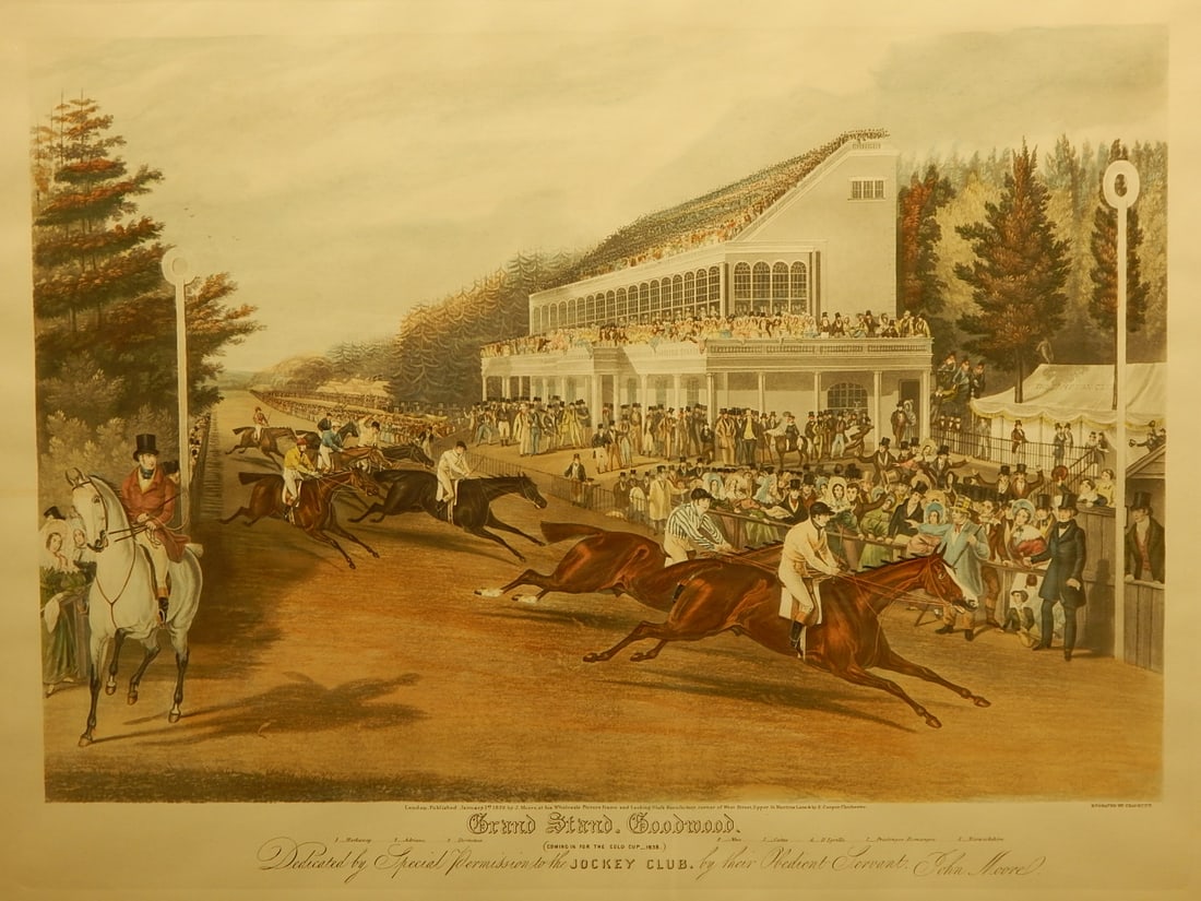 After John Frederick Herring: Grand Stand, Goodwood: After John Frederick Herring (British, 1795-1865), printed by Charles Hunt (British, 1803-1877): Grand Stand, Goodwood, 1839. (Horse race) Engraving, engraver name lower right, framed. Text on image