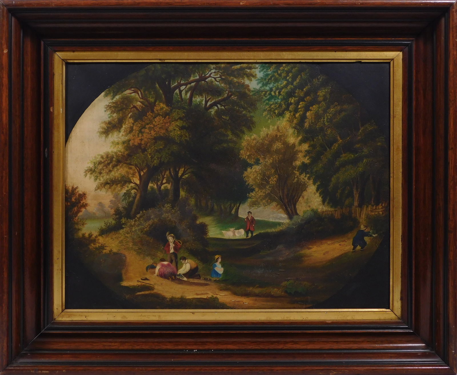 American Primitive School: Children Playing: American Primitive School: Children Playing, oil on canvas, framed. This painting is a tribute to the simple pleasures of childhood, and would make an excellent addition to any collection of