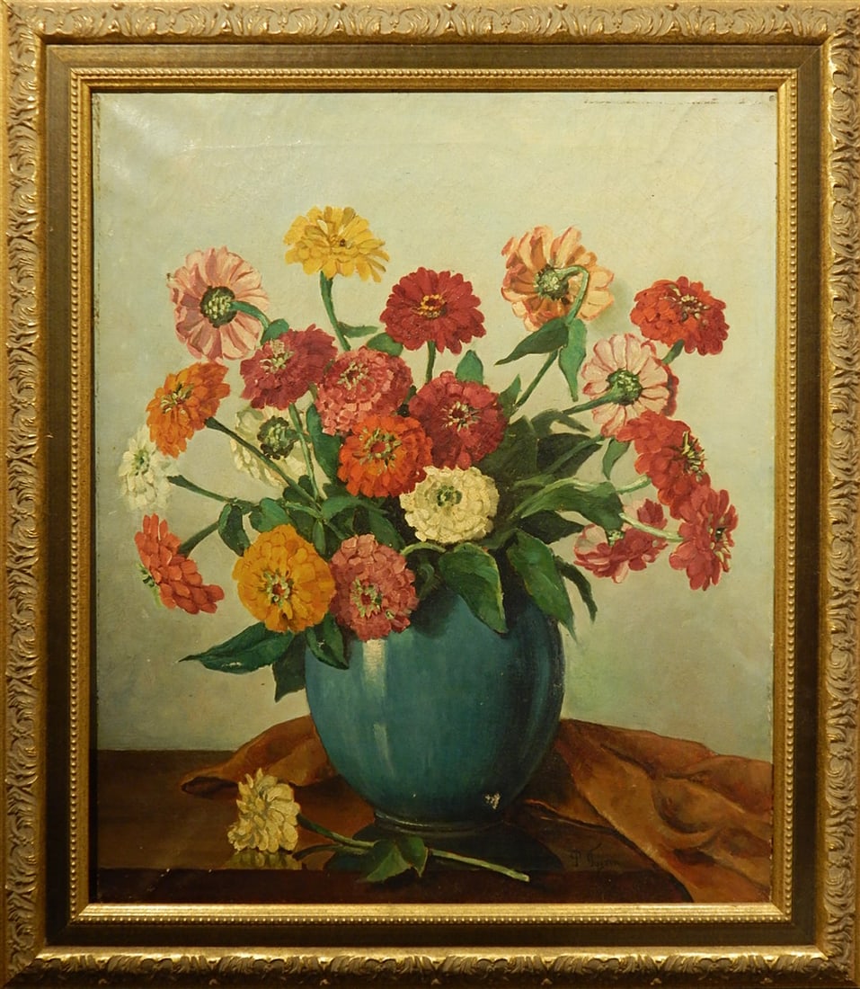 P. Tyssen: Zinnias in a Teal Vase: P. Tyssen: Zinnias in a Teal Vase, oil on canvas, signed lower right, framed. 29 x 25 inches framed.