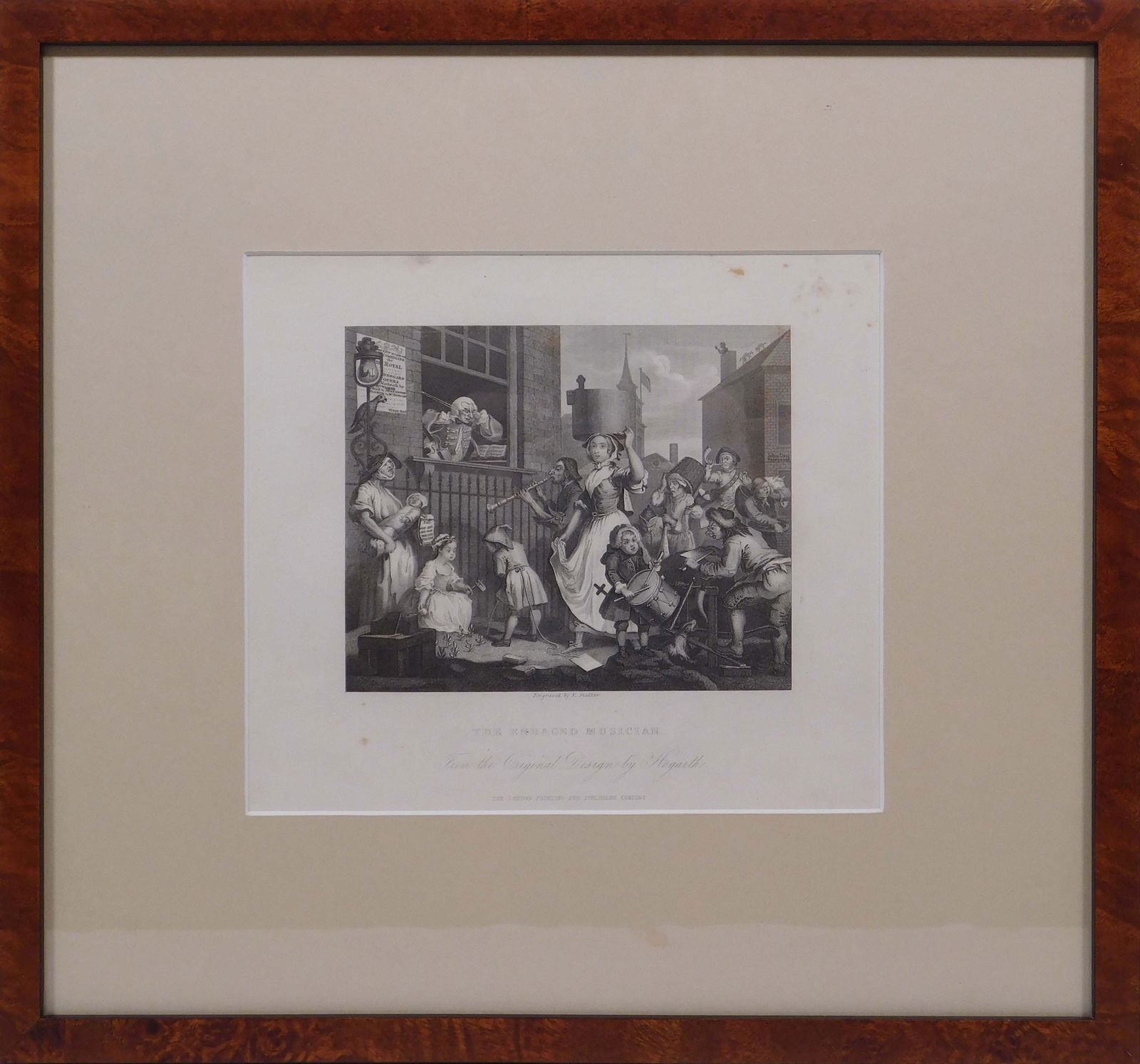 After William Hogarth, engraved by Ebenezer Stalker: The Enraged Musician: After William Hogarth (British, 1697-1764), engraved by Ebenezer Stalker (British, 1781-1847): The Enraged Musician. Engraving, engraver name center above title, framed. 8 x 7 inches sight, 14.5 x