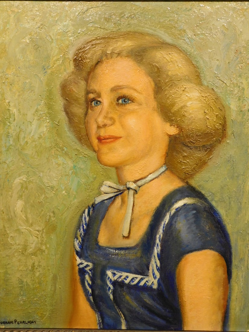 Burnam Pearlman: Portrait of Dotty: Burnam Pearlman (1910 - 1987): Portrait of Dotty, Oil on Academy board. Signed lower left, framed. The back of the painting has an abstract about the artist from the Salt Lake City Tribune. 24 x 20