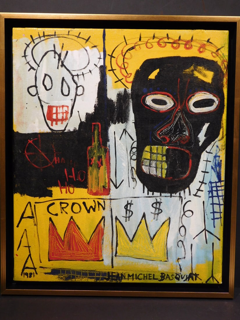 Manner of Jean Michel Basquiat: Untitled: Manner of Jean Michel Basquiat (American, 1960-1988): Untitled, 1981. Oil on canvas, signature lower right, framed. Basquiat first achieved fame as part of SAMO, an informal graffiti duo who wrote