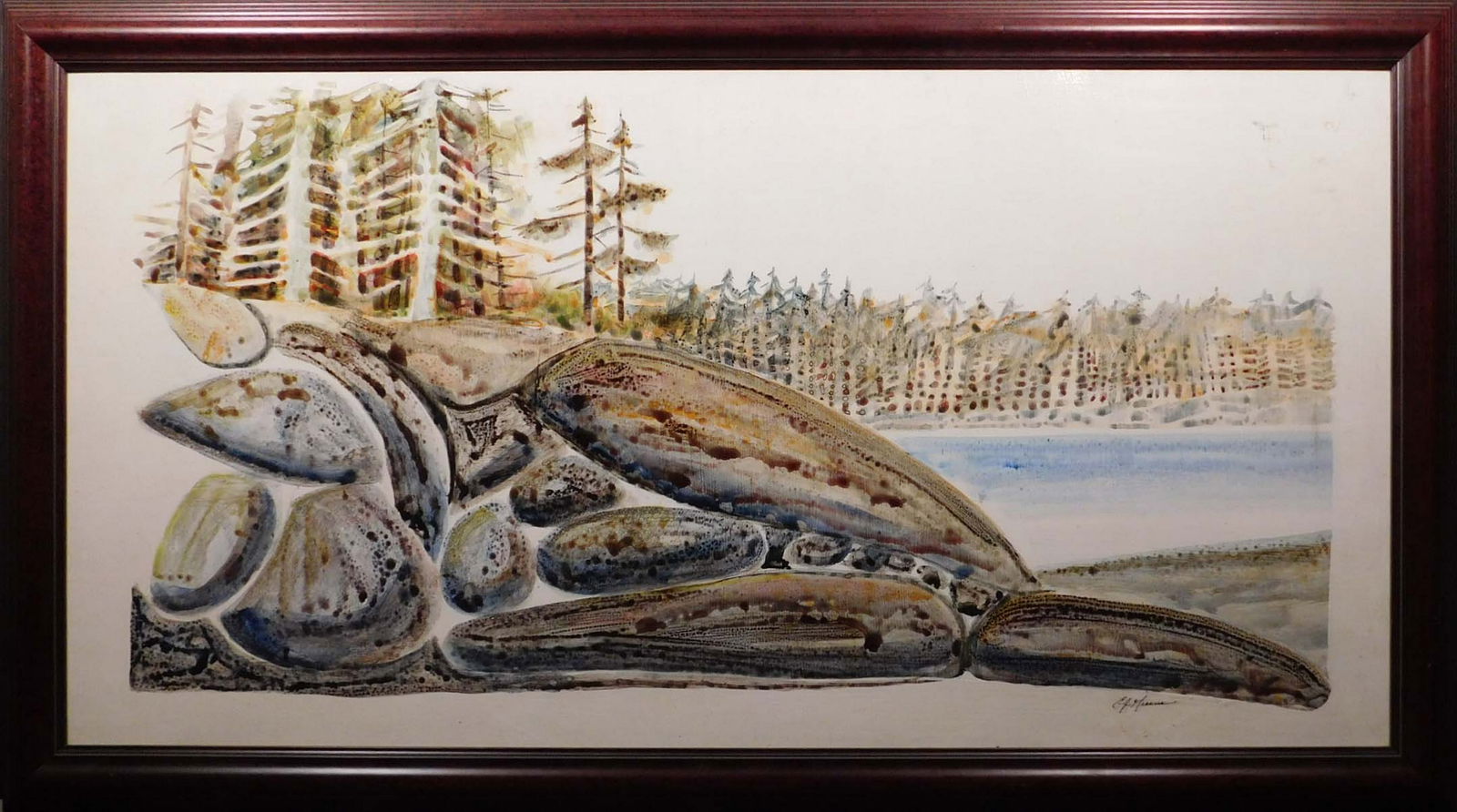 E.J. Mreene: Rocky New England Coast: E.J. Mreene: Rocky New England Coast, watercolor on board, signed lower right, framed. 29 x 52 inches framed.