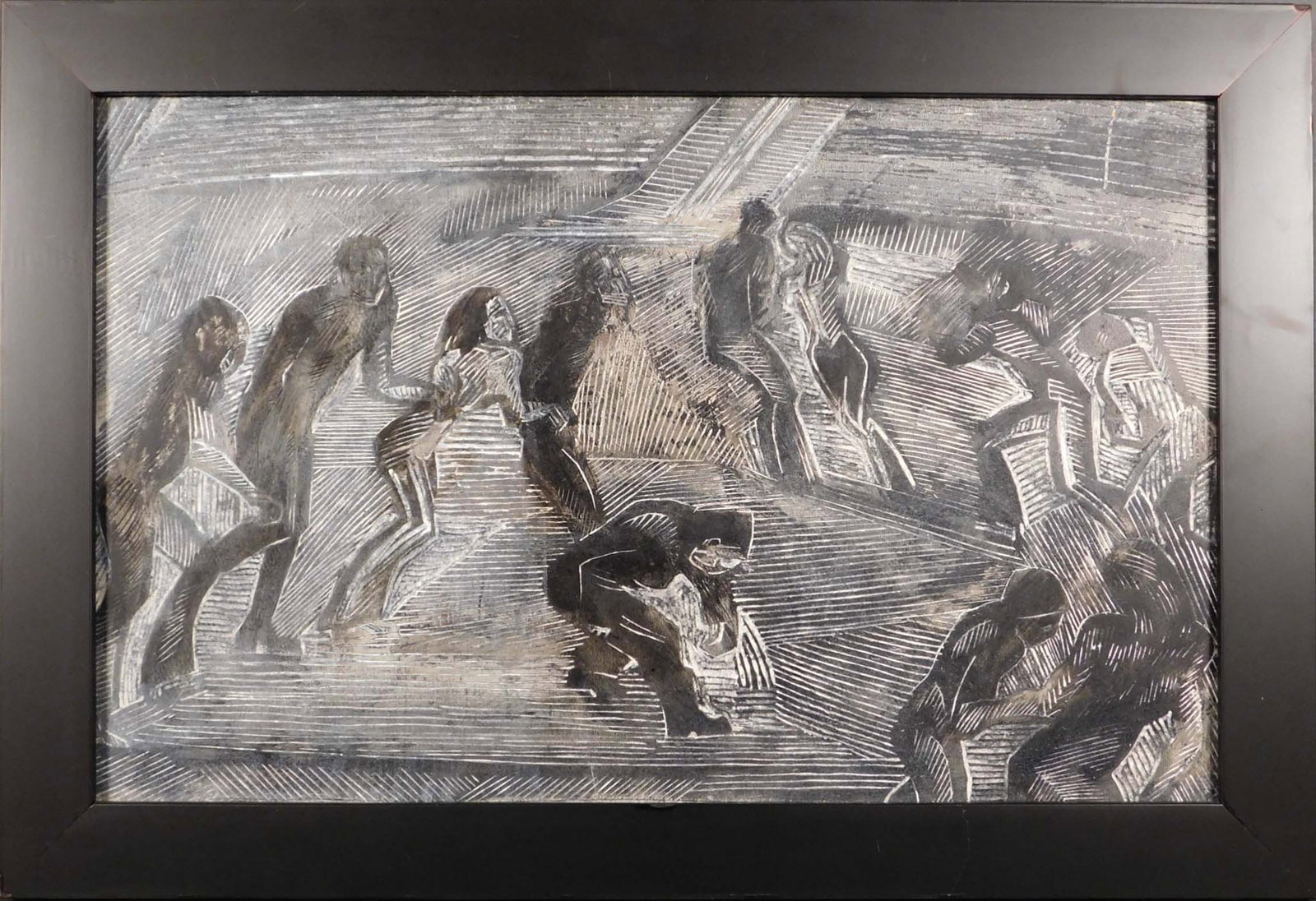 Abstract Dancing Figures: Abstract Dancing Figures: Ink and chalk on carved masonite, unsigned, framed. 15 x22 inches framed.