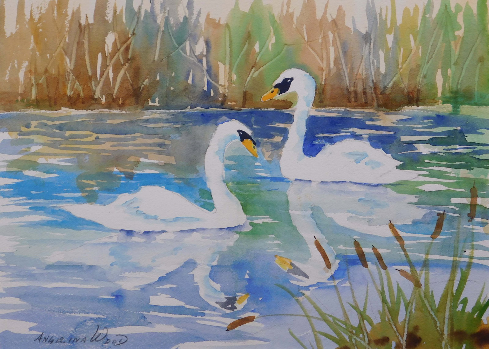 Angelina Wood: Two Swans: Angelina Wood (American, 1930-2003): Two Swans. Watercolor on cold pressed paper, signed lower left, matted and mounted to archival board unframed. Angelina was a well known regional artist in