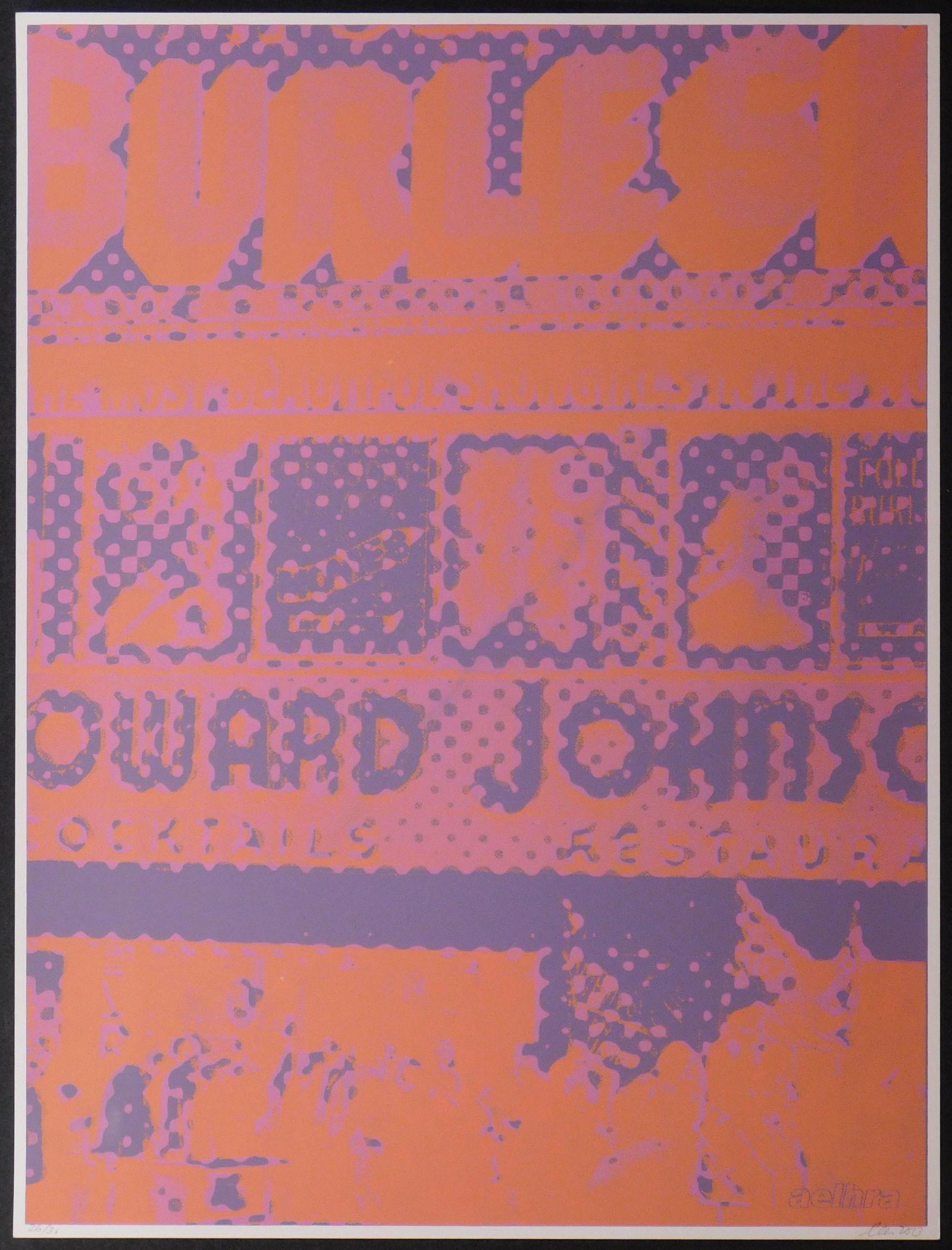 Aelhra: Burlesk Howard Johnson (purple and pink): Aelhra (American, 20th century): Burlesk Howard Johnson (purple and pink), 2013. Screen print on archival paper. Signed and numbered (26/30). Signed and numbered screen print. Aelhra is a visual artis