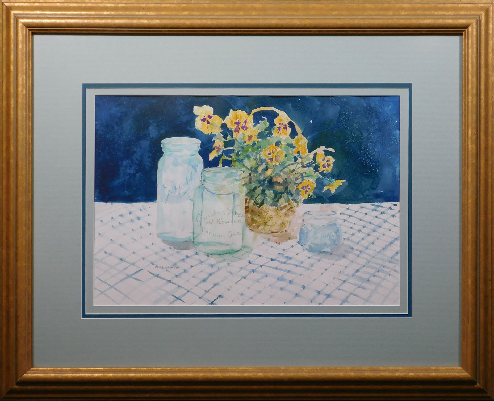 Angelina Wood: Wild Pansies: Angelina Wood (American, 1930-2003): Wild Pansies. Watercolor on cold pressed paper, signed lower left, professionally matted and framed with museum glass. Angelina was a well known regional artist in