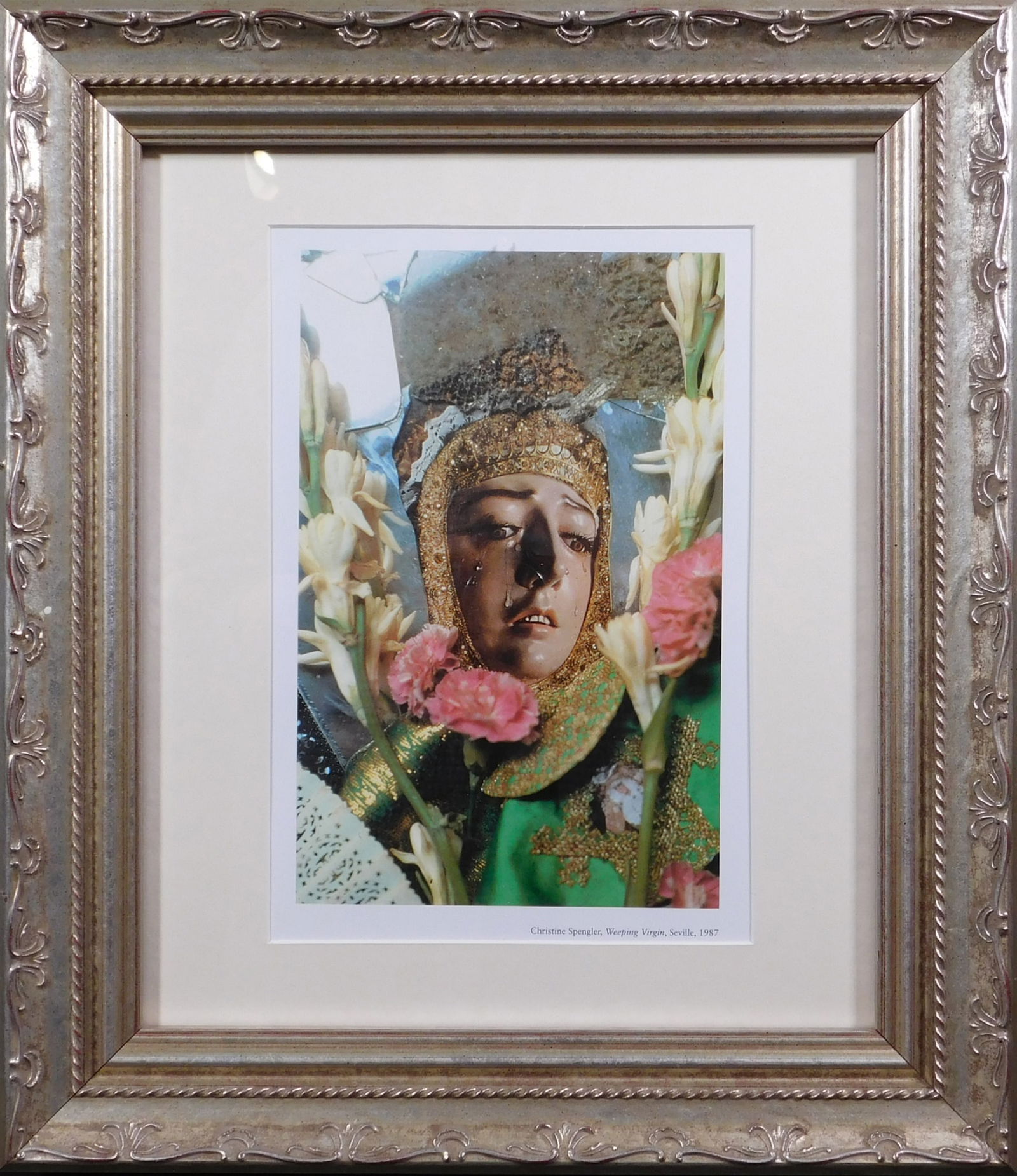 Christine Spangler: Weeping Virgin: Christine Spangler (French, 1945): Weeping Virgin, Seville, 1996. Sheet Fed Gravure Print, unsigned, professionally framed under museum glass. Christine Spengler is a French war photographer.