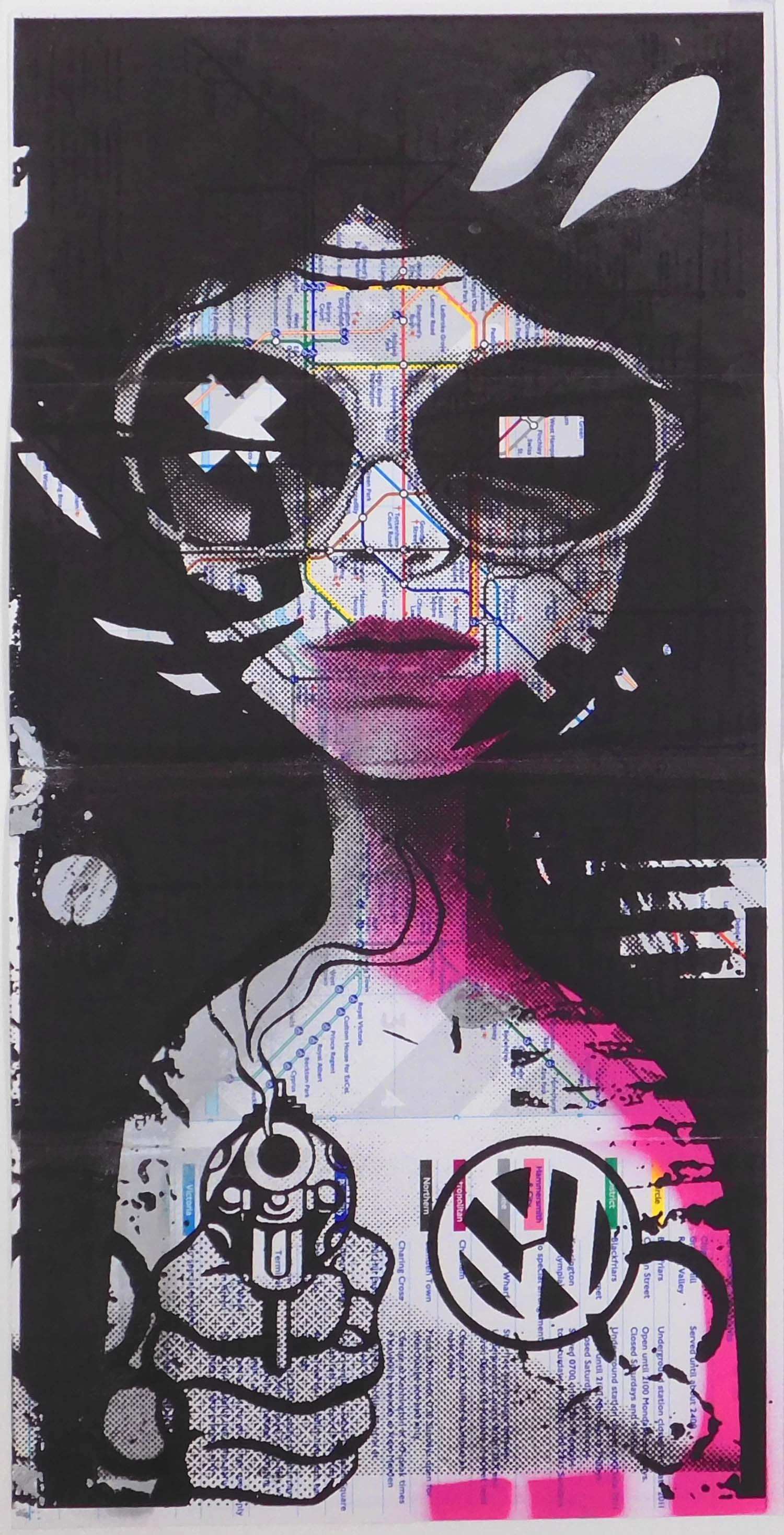 Miss Bugs: Lost Her on the Tube (Snub Nose Print): Miss Bugs (20th Century, UK): Lost Her on the Tube (Snub Nose Print), 2010. Silk Screen and Stencil on London pocket tube map. Number and Stamped (41/500). Unframed. Miss Bugs are a London-based