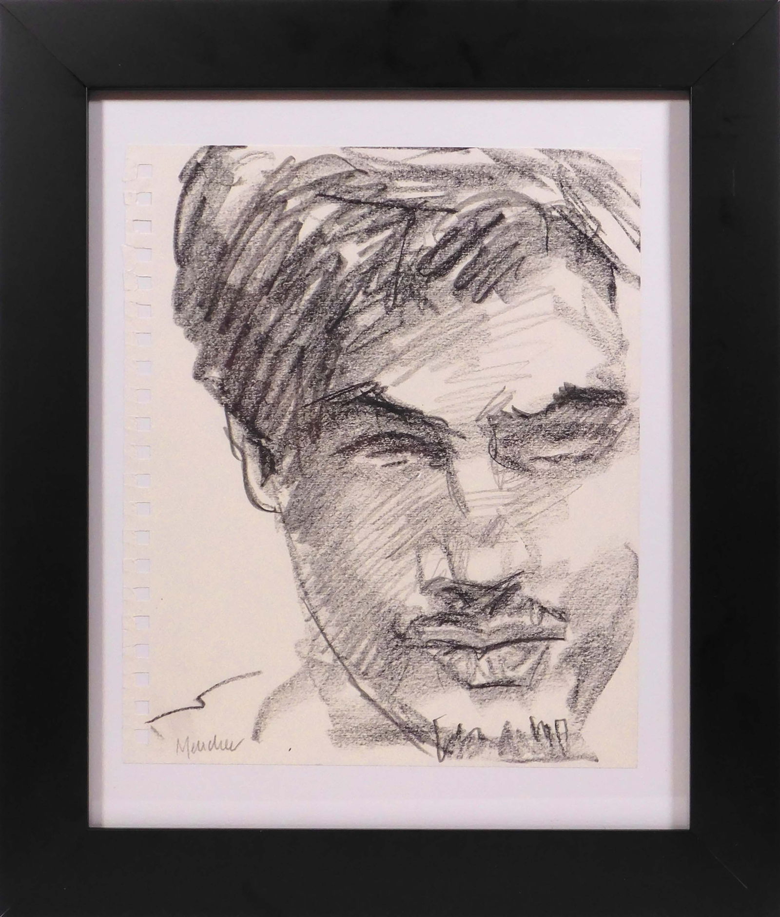 Kenney Mencher: Portrait Study of Marco: Kenney Mencher (American, b. 1965 ): Portrait Study of Marco. Charcoal on paper, signed and framed.