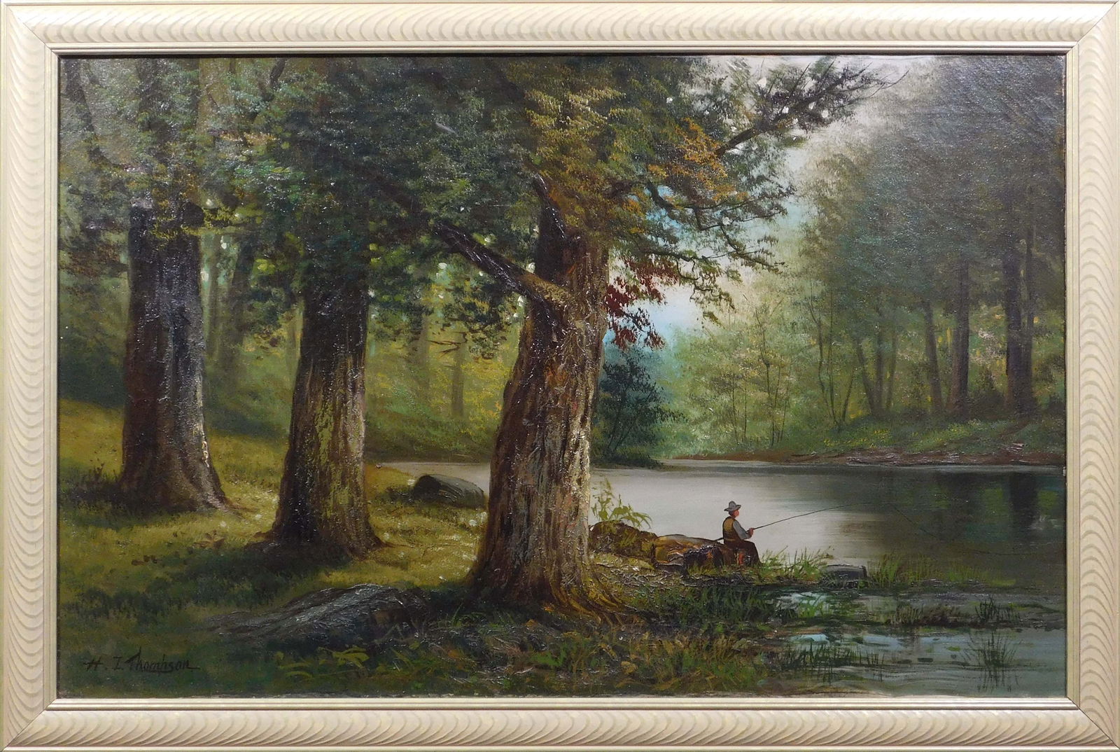 H. I. Thompson: Wooded Fishing Scene: H. I. Thompson (American, Late 19th Century): Wooded Fishing Scene. Oil on canvas, signed lower left, framed.