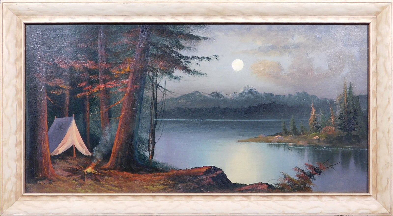 Evening Camping Scene: Evening Camping Scene. Oil on illustration board, framed. This painting would make a perfect addition to any collection of outdoor or nature-inspired art, or as a stunning centerpiece in a room that