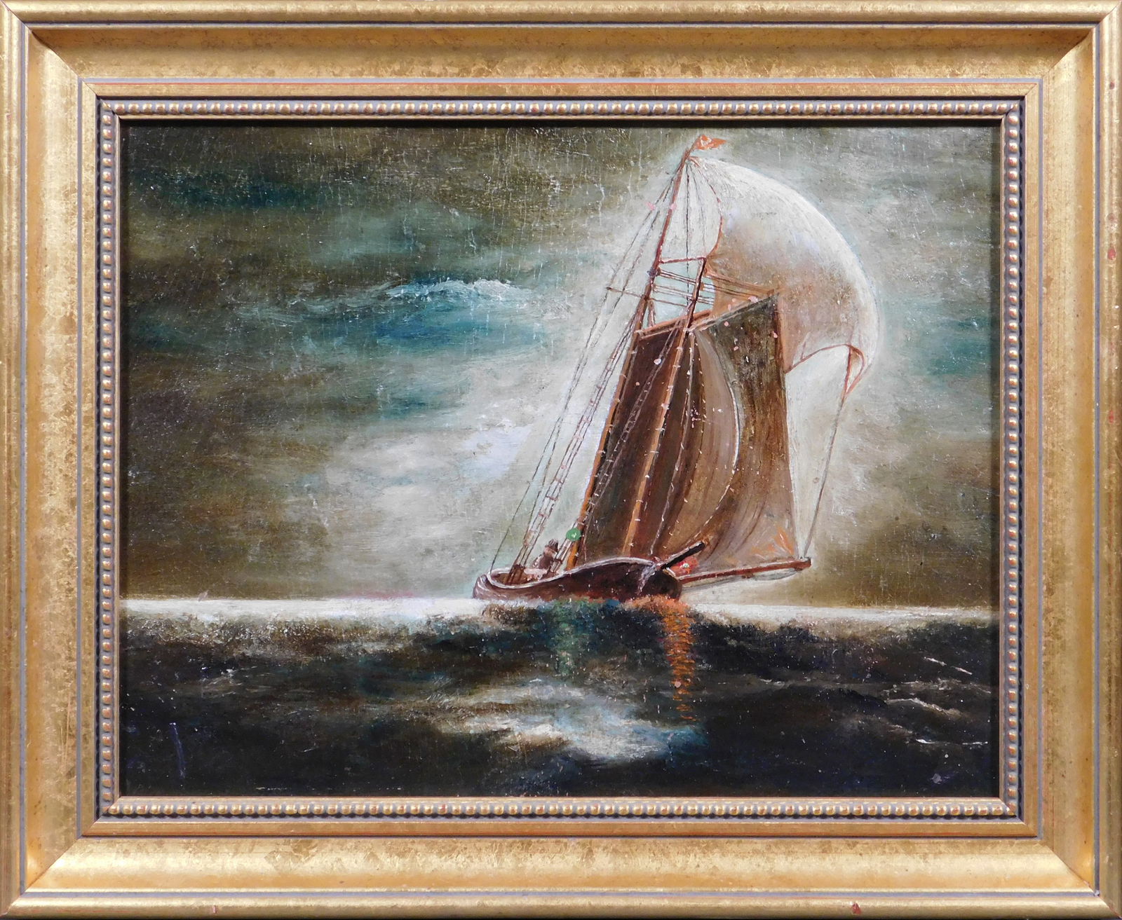 Tonalist Seascape with Sail Boat: Tonalist Seascape with Sail Boat, Early 20th Century. Oil on illustration board, framed. he artist has skillfully captured the essence of a peaceful and meditative atmosphere, with the soft, muted col