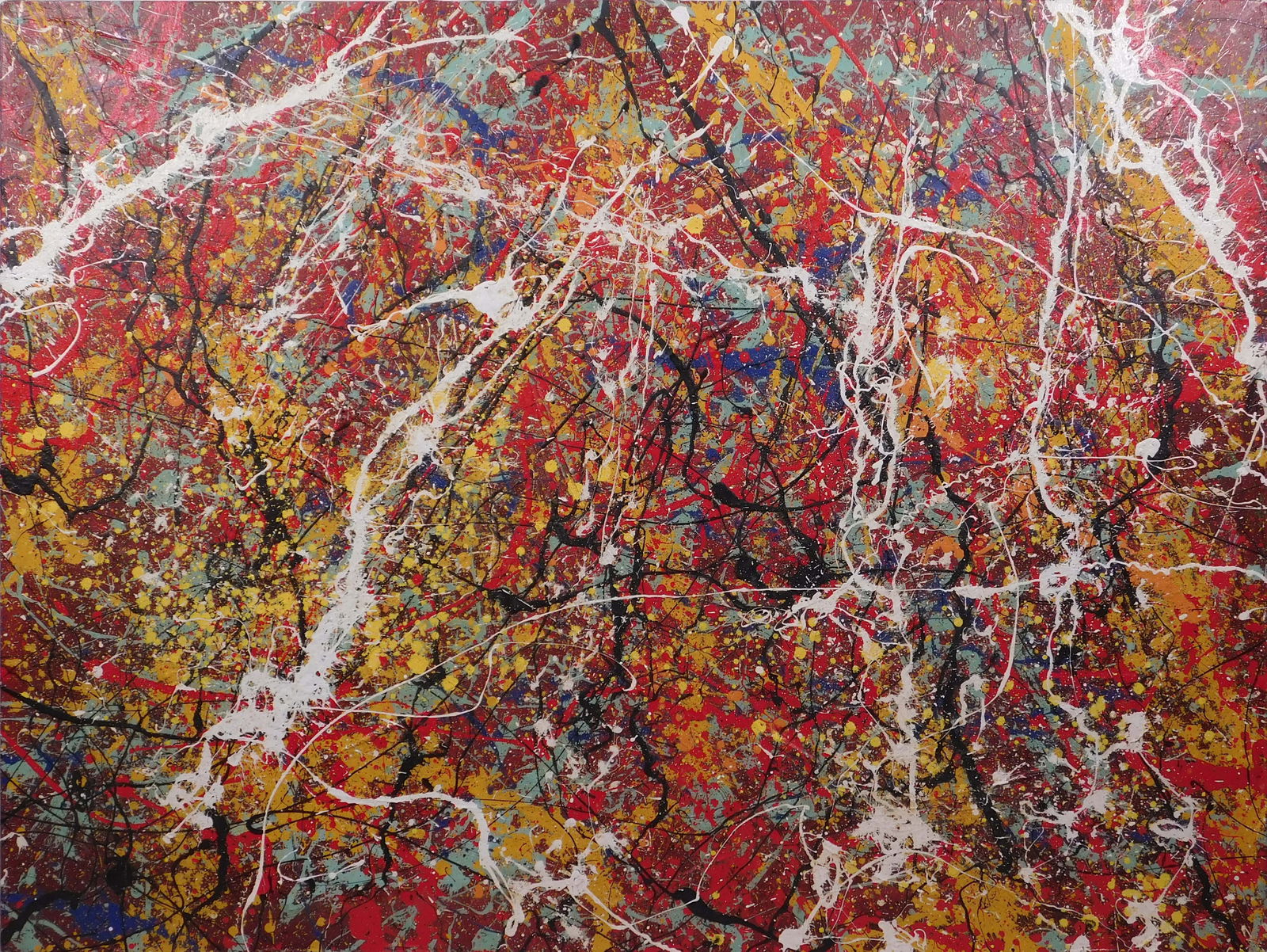 Style of Jackson Pollock: Drip Painting: Style of Jackson Pollock (American, 1912-1956): Drip Painting. This vibrant and dynamic painting is an exquisite example of drip painting technique. Created with mixed media on canvas, the painting is