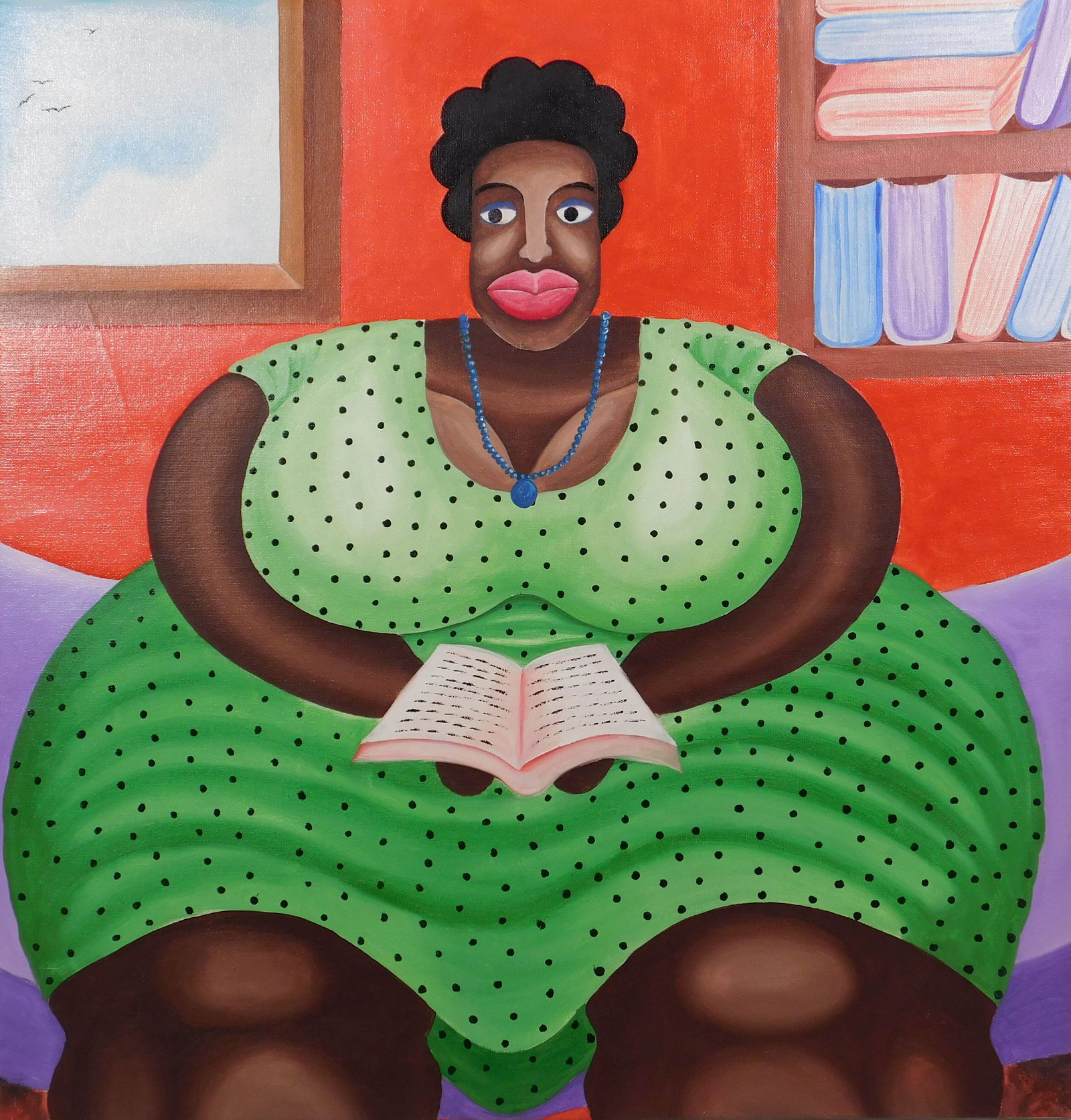 Follower of Fernando Botero: Black Woman in a Green Dress: Follower of Fernando Botero (Artist unidentified): Highly stylized portrait of a Black Woman in a Green Dress, Holding a Book. Acrylic on canvas, unsigned, unframed.