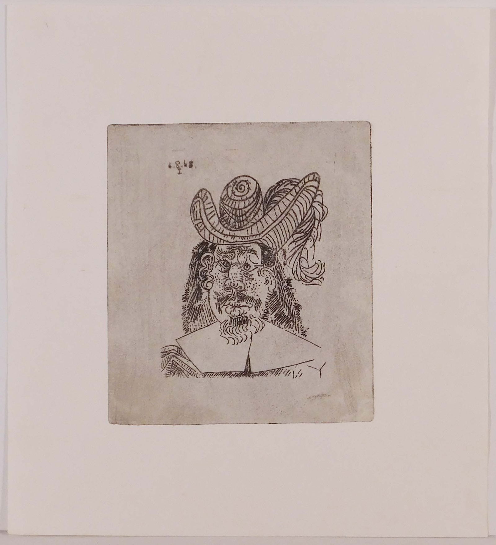 After Pablo Picasso: Portrait de "Mousquetaire" vieillissant, au Visage couperose: Style of/After Pablo Picasso (Spanish, 1881-1973): Portrait de "Mousquetaire" vieillissant, au Visage couperose (Portrait of Mousquetaire's aging, blotchy face). Etching after the original from 1968,