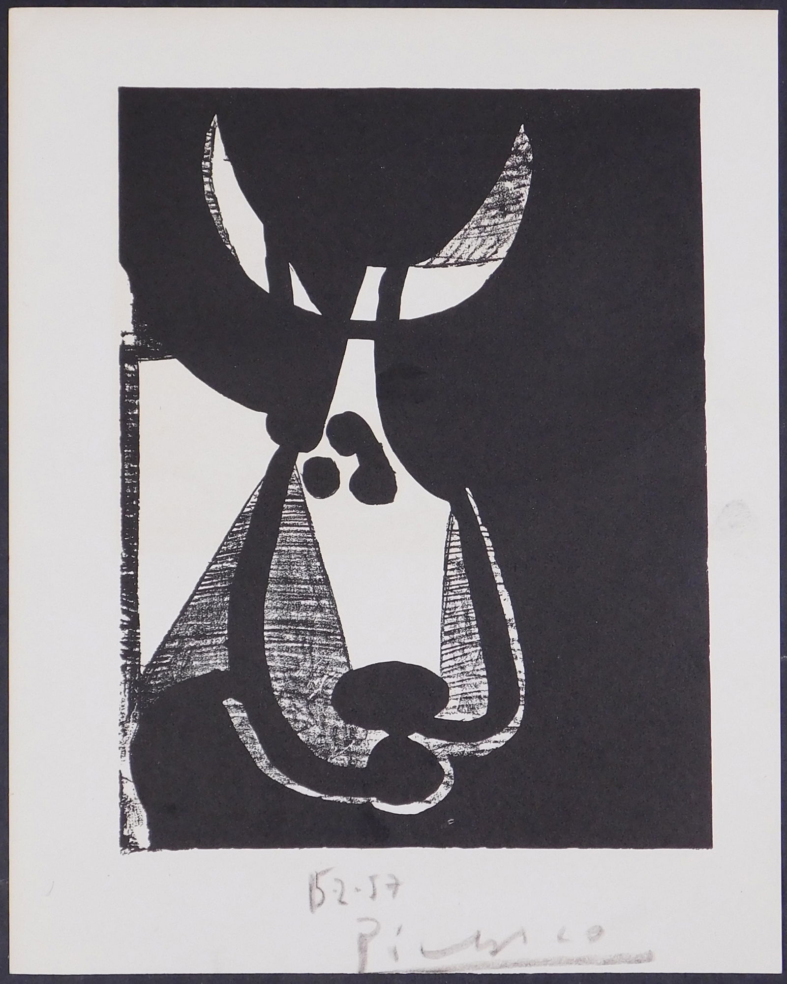 Pablo Picasso After: Bull: Pablo Picasso (Spanish, 1881-1973) After: Bull. Double sided lithograph on paper, from an unknown edition, signed and dated (15.2.57) in crayon below, unframed. The signature on this work has not been