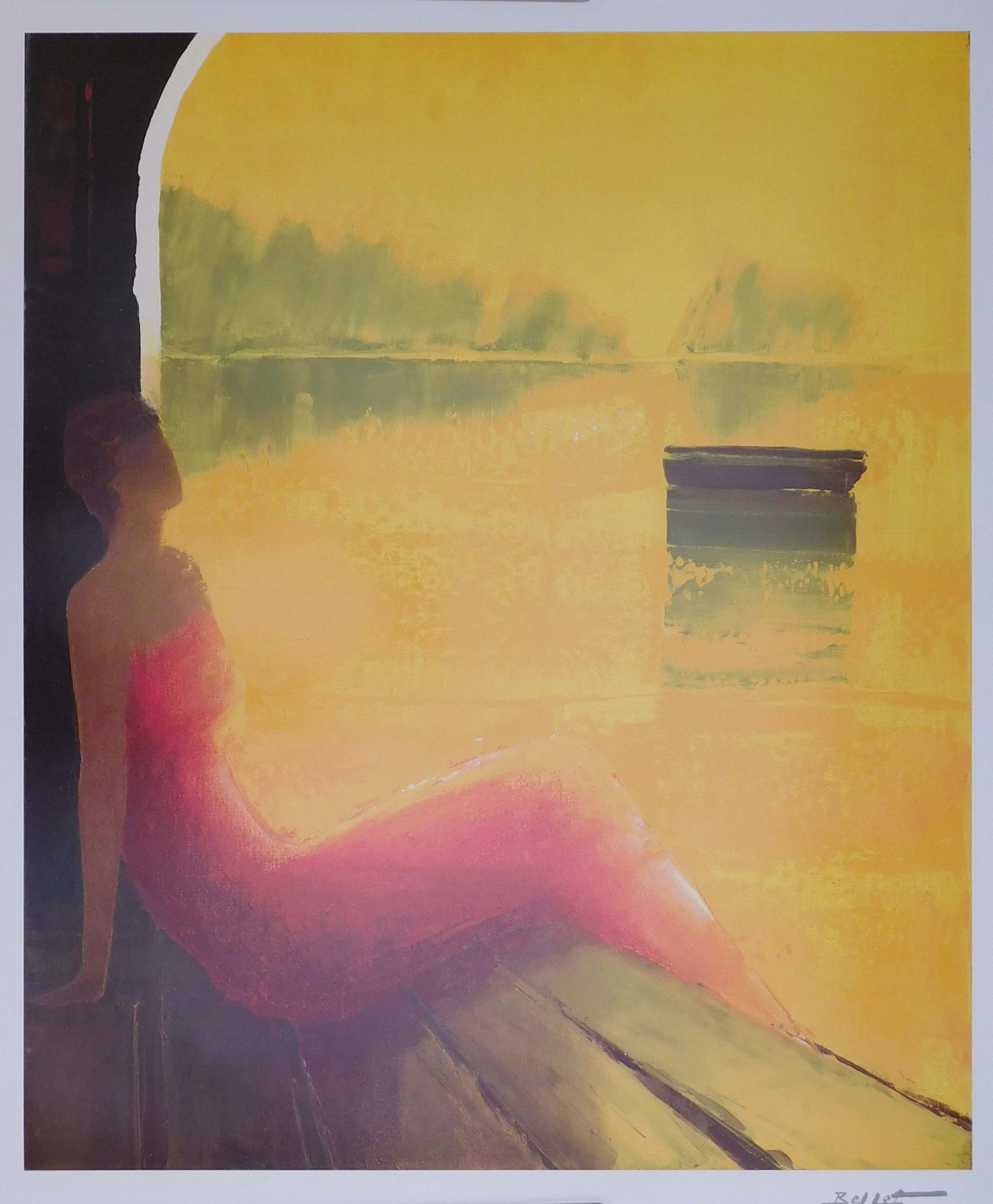 Emile Bellet: D'or et de Reve: Emile Bellet (French, 1941-1922): D'or et de Reve. Lithograph in color on wove paper. Signed in plate, unframed. Emile Bellet's paintings are notorious for the mysterious female he included in his com