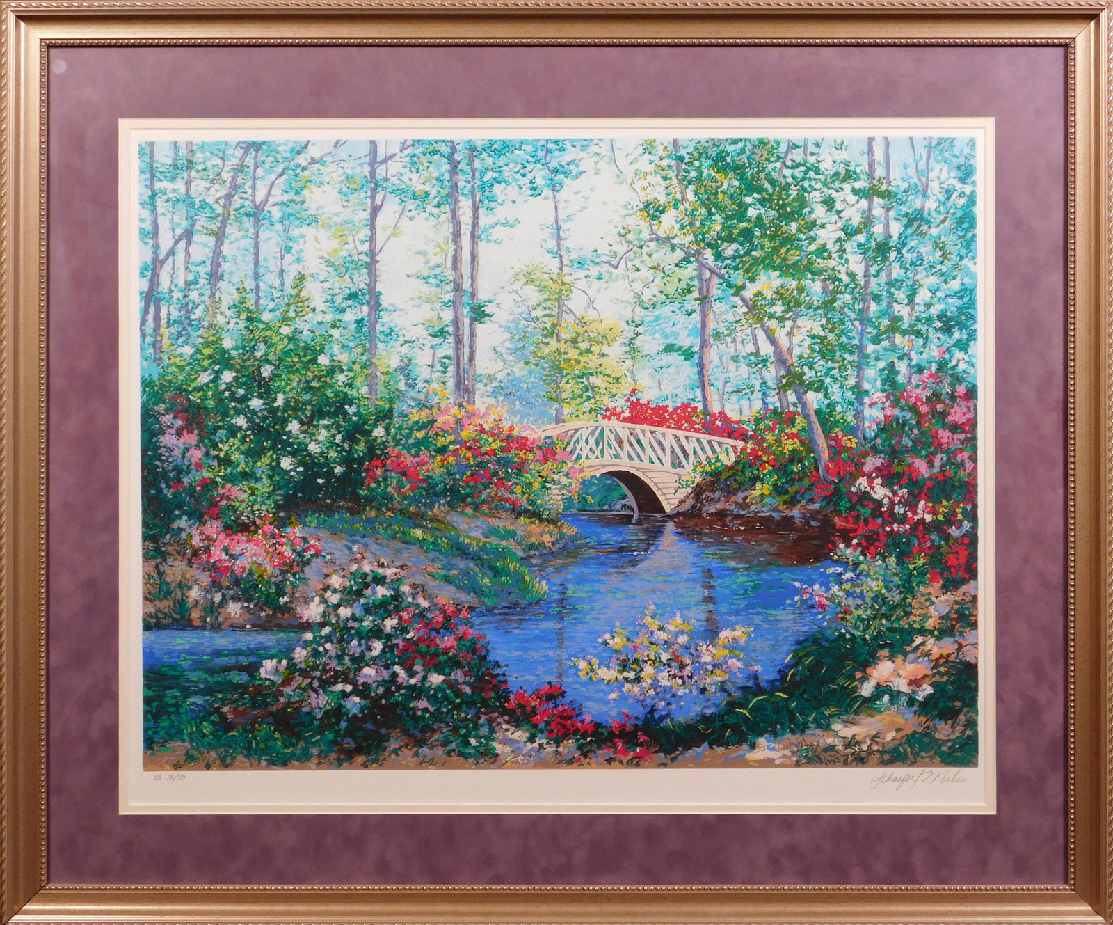 Wendy and Kevin Schaefer Miles: Garden Bridge: Wendy and Kevin Schaefer Miles (American 20th Century): Garden Bridge. Serigraph on wove paper, signed and numbered (EA 39/50) in pencil below. Professionally framed and matted. Married artists Wendy