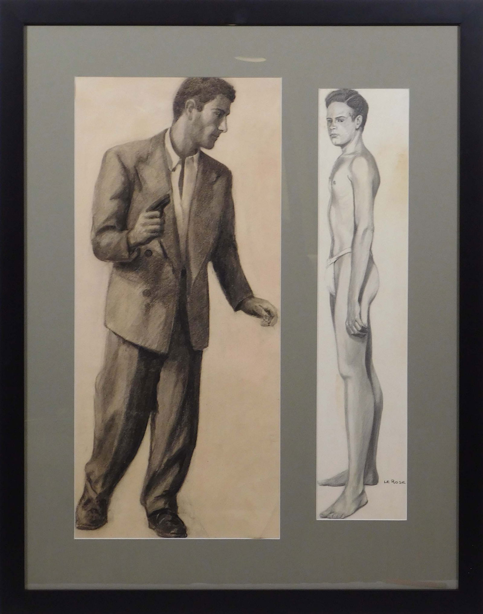 Guy Le Rose: Portraits of Two Men (Le Rose): Guy Le Rose (American, 20th Century): Portraits of Two Men, c.1945. Charcoal on paper, unsigned, framed. Left image 9.25 x 21 inches sight, right image 4 x 19.25 inches sight, 22 x 28 inches framed. P