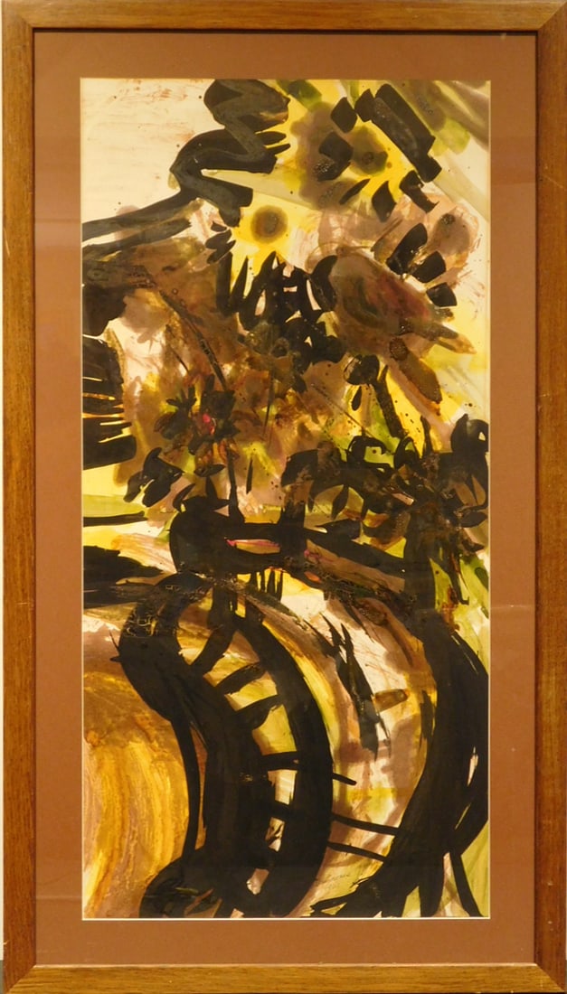 Helen Vaisnoris: Sunflowers: Helen Vaisnoris: Sunflowers, mixed media on paper, signed and dated 1961, framed. Dimensions: 15.65 x 23.5" paper, 21.5 x 38.5" frame 15.65 x 23.5" paper, 21.5 x 38.5" frame NOTE: If