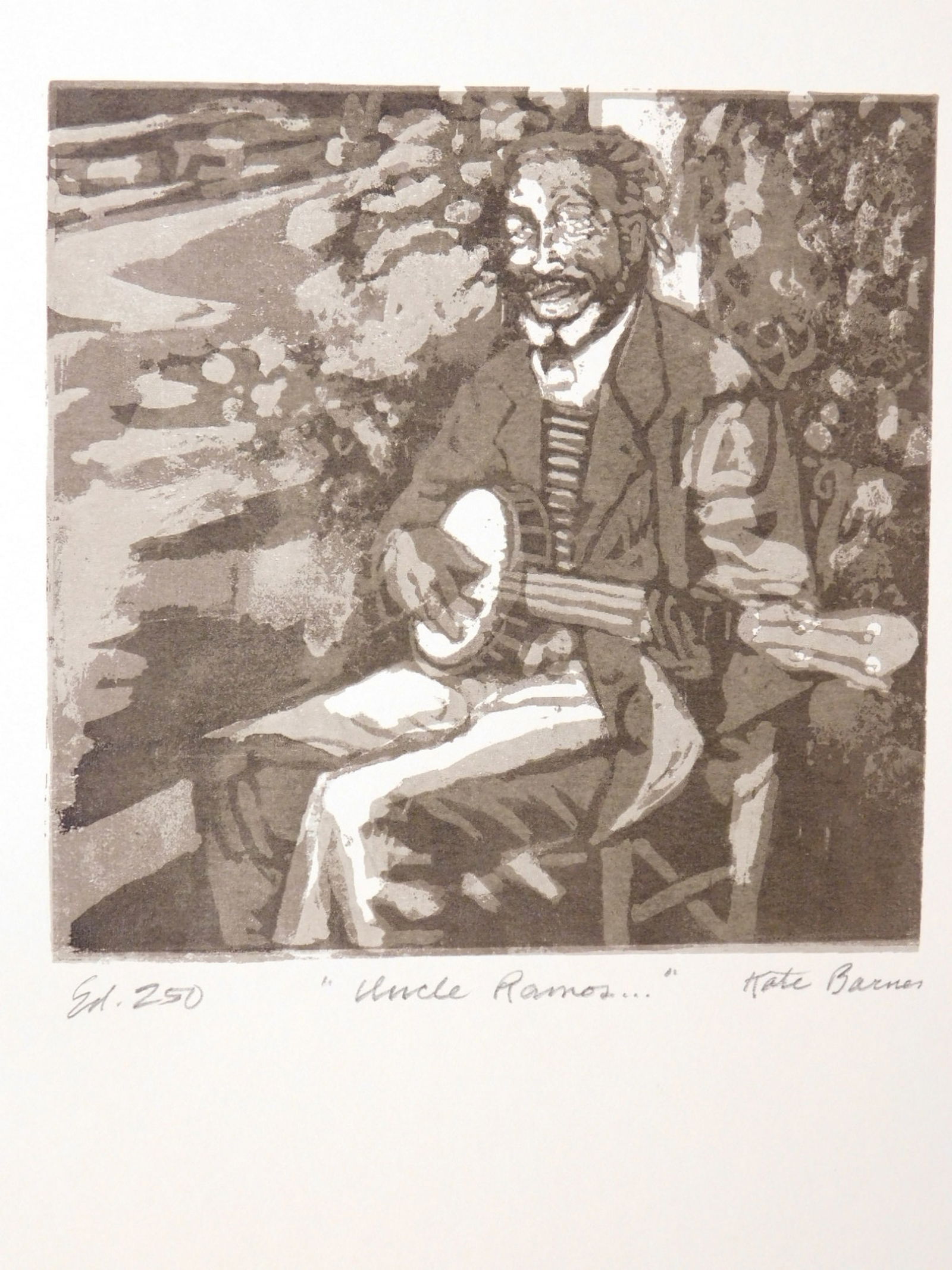 Kate Barnes: Uncle Ramos: Kate Barnes: Uncle Ramos, silkscreen on paper, edition of 250, signed, unframed. From seventh annual RISD silkscreen portfolio in 1976. 20x16 in. paper Private collection, Boston. Good Condition.