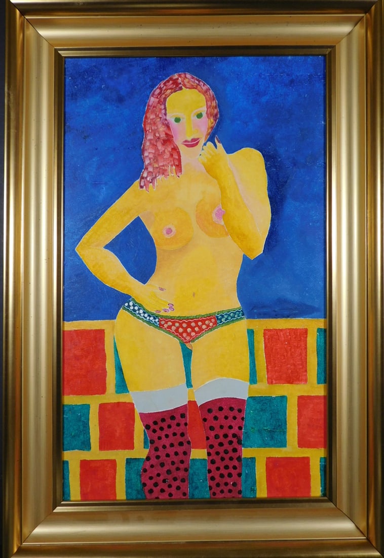 Nikolai Angelov: Woman with Red Stockings: Angelov: Woman with Red Stockings. Oil on masonite, unsigned, framed. 31x21 in Framed. 29x19 in board. Good aged condition, very minor scratches. NOTE: If documentation is not listed, the lot