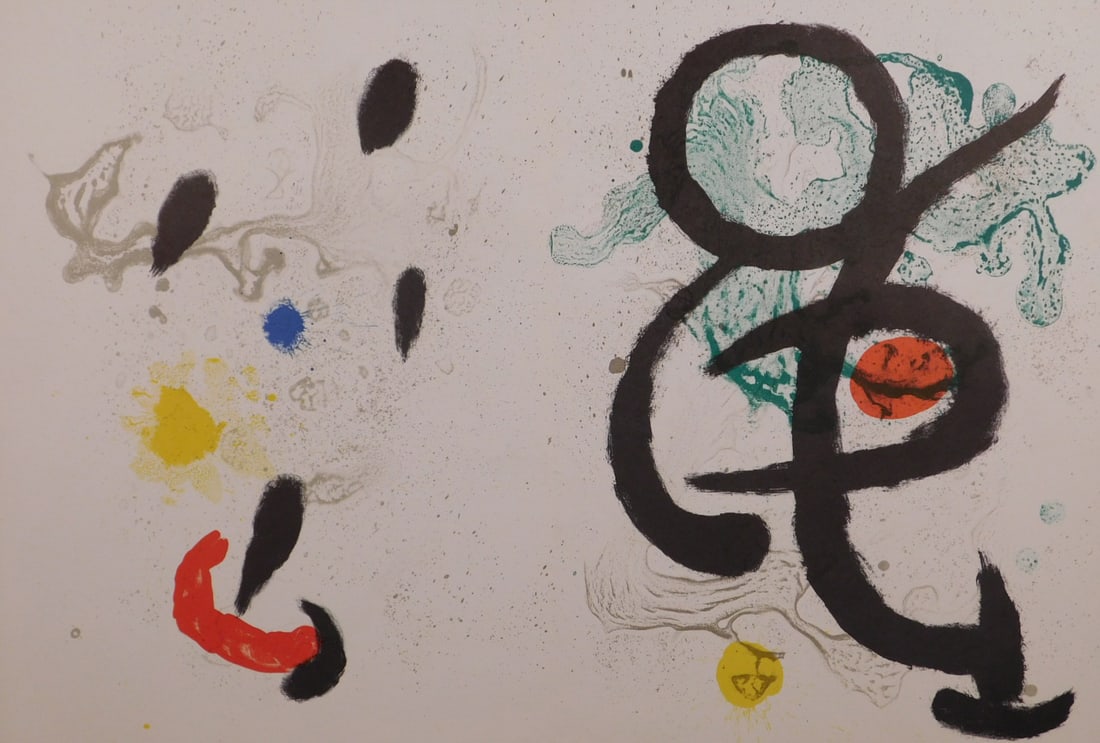 Joan Miro: Barbaric Dance II: Joan Miro (Spanish, 1893-1983): Barbaric Dance II, stone lithograph, 1963, double page spread, printed by Mourlot, unsigned, unframed. Joan Miro was a painter, sculptor, and ceramicist born in