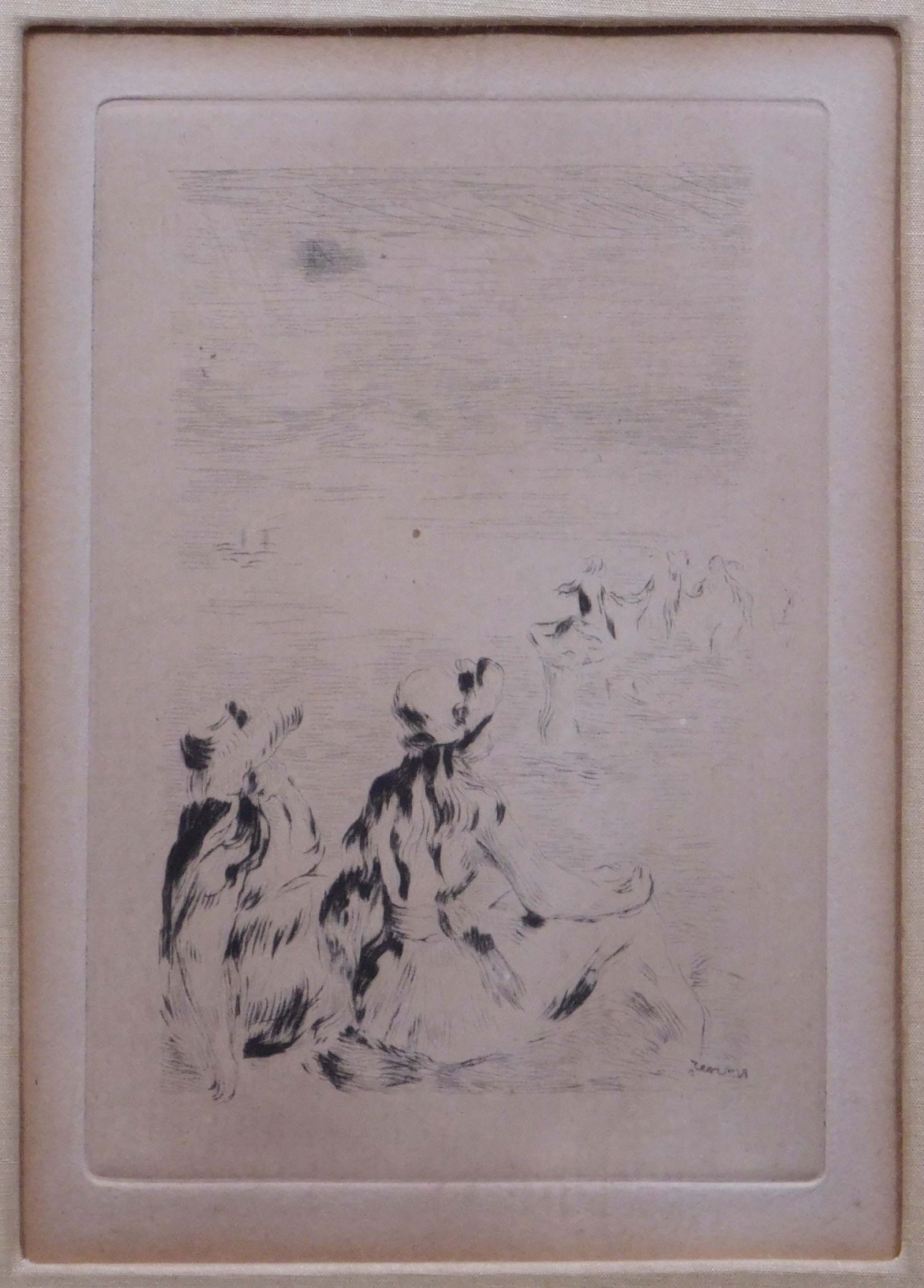 Pierre-Auguste Renoir: Sur La Plage, Berneval: Pierre-Auguste Renoir (French, 1841-1919):Sur La Plage, Berneval. Posthumous etching on paper, framed. Pierre-Auguste Renoir was a French artist who was a leading painter in the development of the