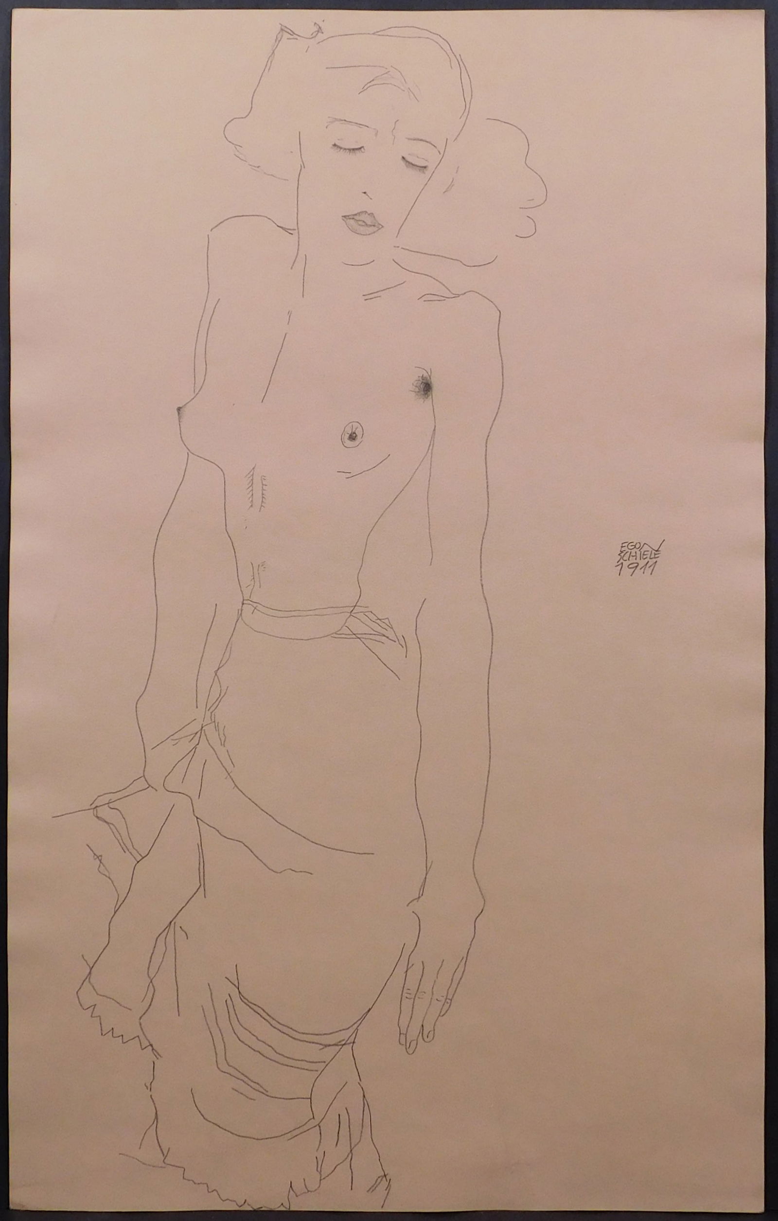Egon Schiele, Manner of: Stehende Frau (Standing Woman): Egon Schiele, Manner of (Austrian, 1890-1918) : Stehende Frau (Standing Woman), ca 1911. Pencil on paper, signed and dated (1911) in the center. Verso shows decorative stamp. Unframed. Compared to the