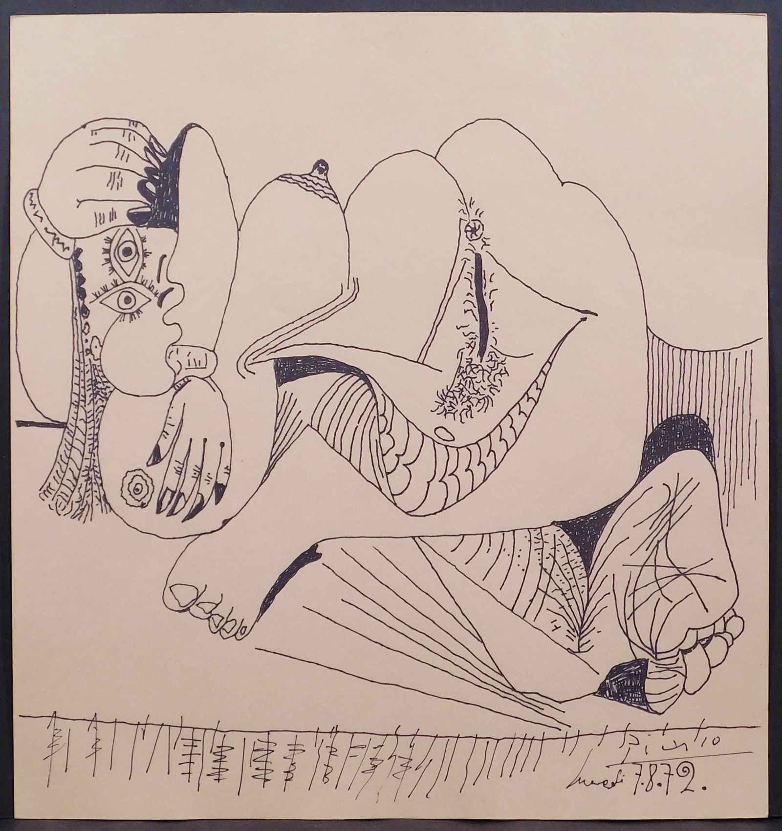 Style of Pablo Picasso: Reclining Nude Woman: Style of Pablo Picasso: Reclining Nude Woman, 7.8.72. Pen and Ink on paper, signed and dated, unframed. 31.7 x 29.6 cm; 11.75 x 12.25 inches Private collection England, Estate of Silvio Aguayo Espejo
