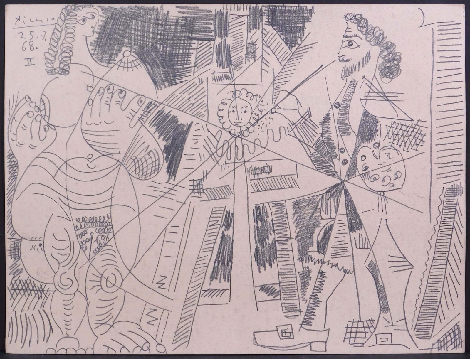 Style of Pablo Picasso: Artist and Nude Model: Style of Pablo Picasso: Artist and Nude Model 25.7.68 II. Graphite on paper, signed and dated, unframed. 9.25 x 12.5 inches Private collection England, Estate of Silvio Aguayo Espejo Vina del Mar Chil