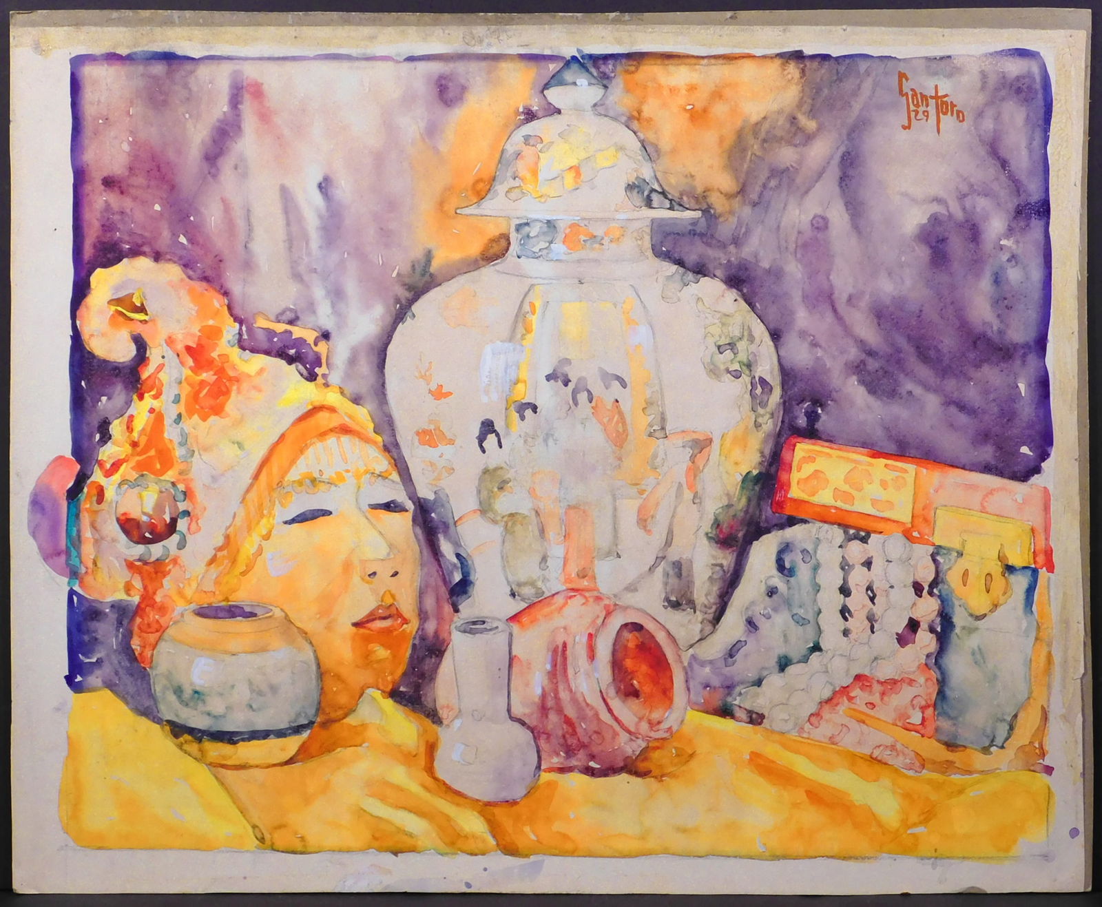Santoro: Still Life with Asian Objects: Santoro (20th Century): Still Life with Asian Objects, 1929. Watercolor on paper, mounted to cardboard, signed and dated upper right in paint and top, center edge in pencil, unframed. 20.5 x 25 inches