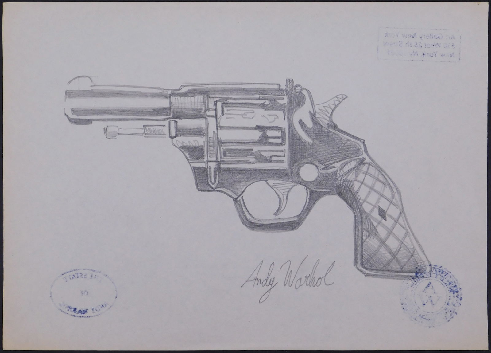 Andy Warhol, Attributed: Revolver: Andy Warhol (American, 1928-1987) Attributed: Revolver. Graphite on paper, unframed, decorative stamps verso. Possible study for a larger work. Andy Warhol was an American visual artist, film director