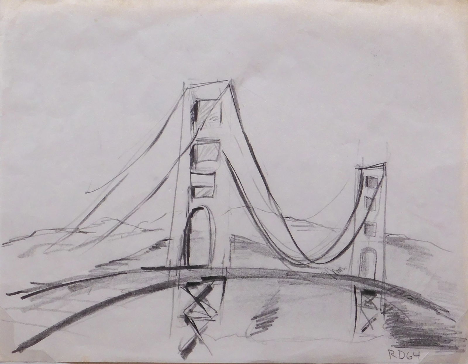 Manner of Richard Diebenkorn: Golden Gate Bridge Sketch: Richard Diebenkorn (American, 1922-1993) Manner of: Golden Gate Bridge Sketch, 1964. Graphite on paper, signed and dated lower right, mounted to archival matboard, unframed. Richard Diebenkorn was