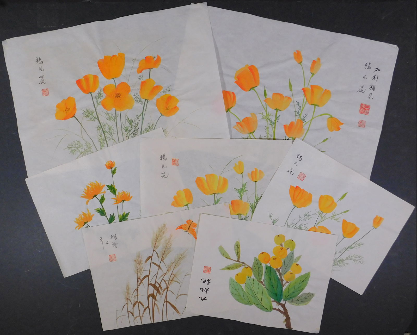 Set of Seven Floral Studies: Set of Seven (7) Floral Studies. Gouache on rice paper, unframed, most drawings have calligraphy and artists' seals. The vibrant blooms and delicate petals are sure to brighten any space and make