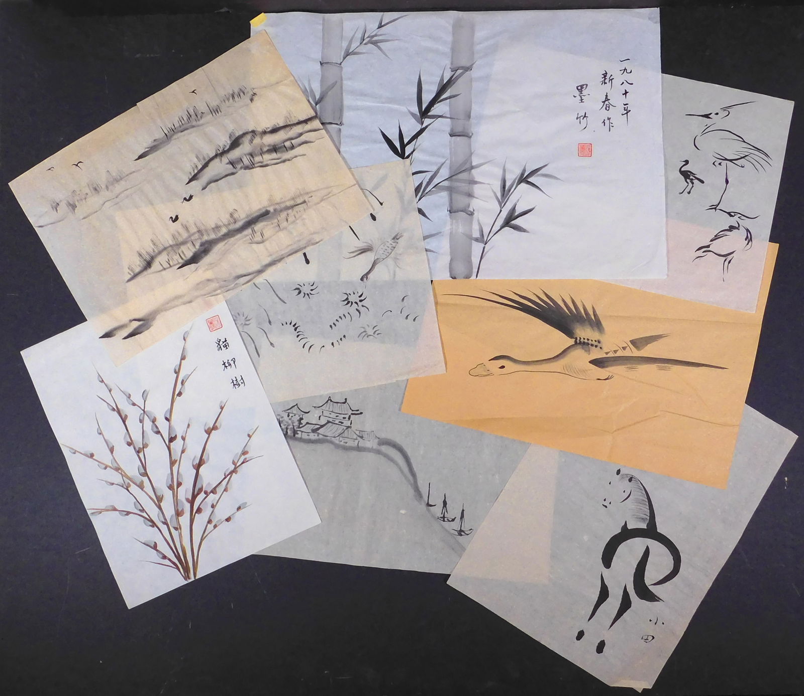 Set of Eight Ink Studies: Set of Eight (8) Ink Studies. Sumi ink on rice paper, unframed most drawings have calligraphy and artists' seals. The vibrant blooms and delicate petals are sure to brighten any space and make this