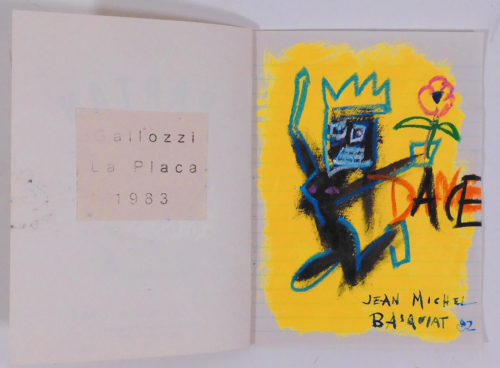Jean-Michel Basquiat, Attributed: Spartan Composition Book: Jean-Michel Basquiat, (American, 1960-1988) Attributed: Spartan Composition Book. Oil crayon on paper bound in book, label marked Gallozzi La Placa 1983, signed on 1st page. Basquiat first achieved fa