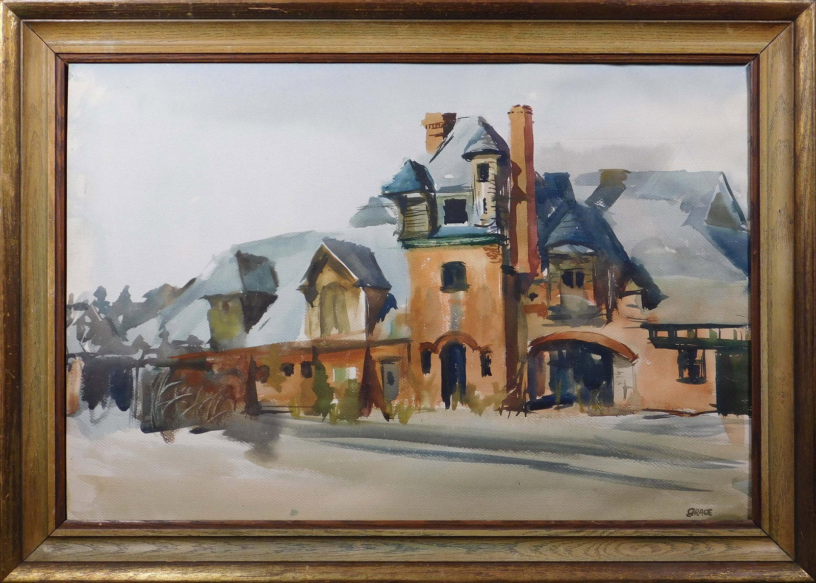 Grace: Dairy Barn, Old Cutting Estate: Grace (American 20th Century): Dairy Barn, Old Cutting Estate. Watercolor on paper mounted to cardboard, signed lower right, framed. Lot 381 25 x 35 inches framed; 20 x 30 inches paper. Private collec