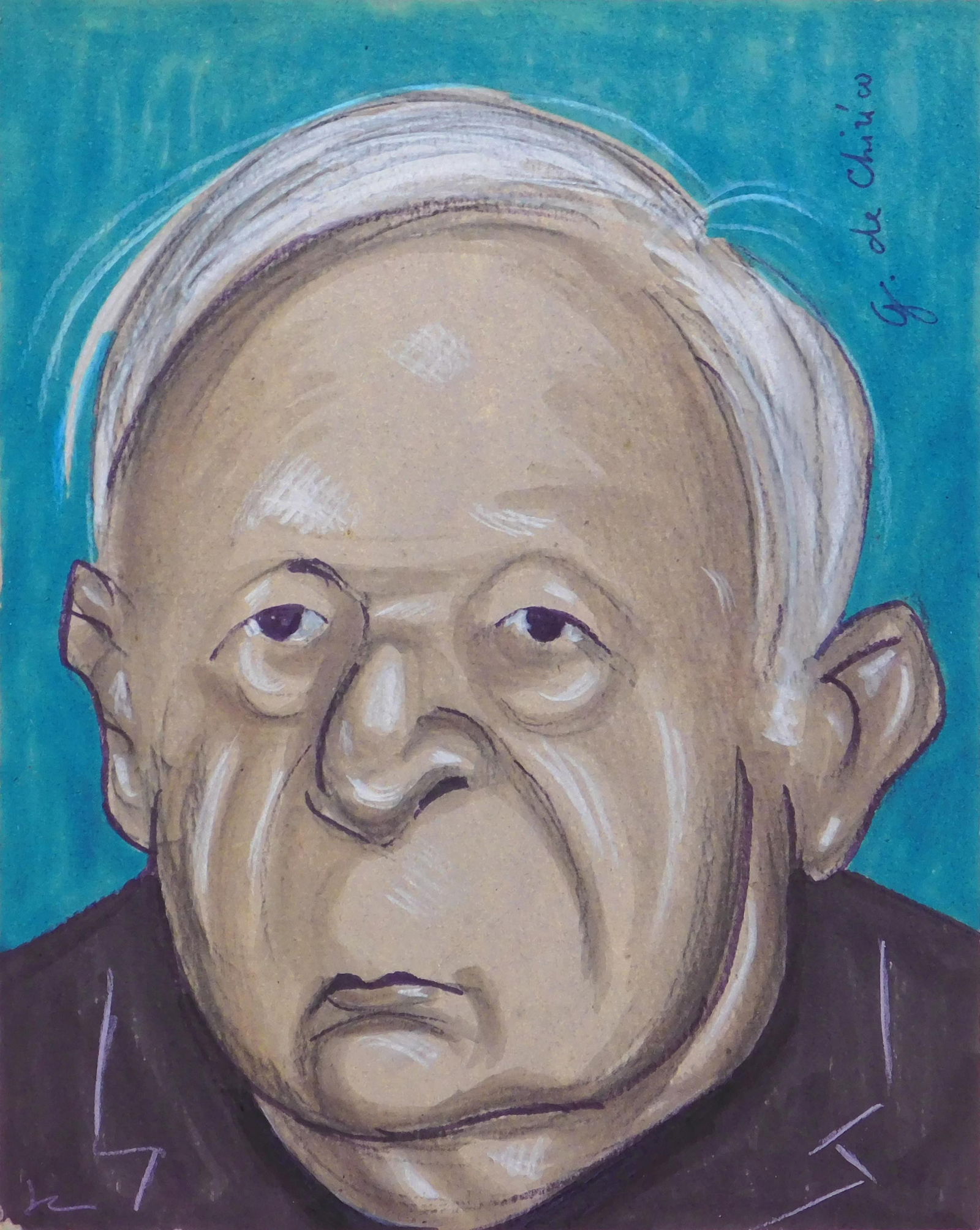 School of Giorgio de Chirico (Italian, 1888 - 1978): Portrait of the Artist: School of Giorgio de Chirico (Italian, 1888 - 1978): Portrait of the Artist. Mixed media on cardboard, signed upper right, text verso in ink, unframed. Giuseppe Maria Alberto Giorgio de Chirico was