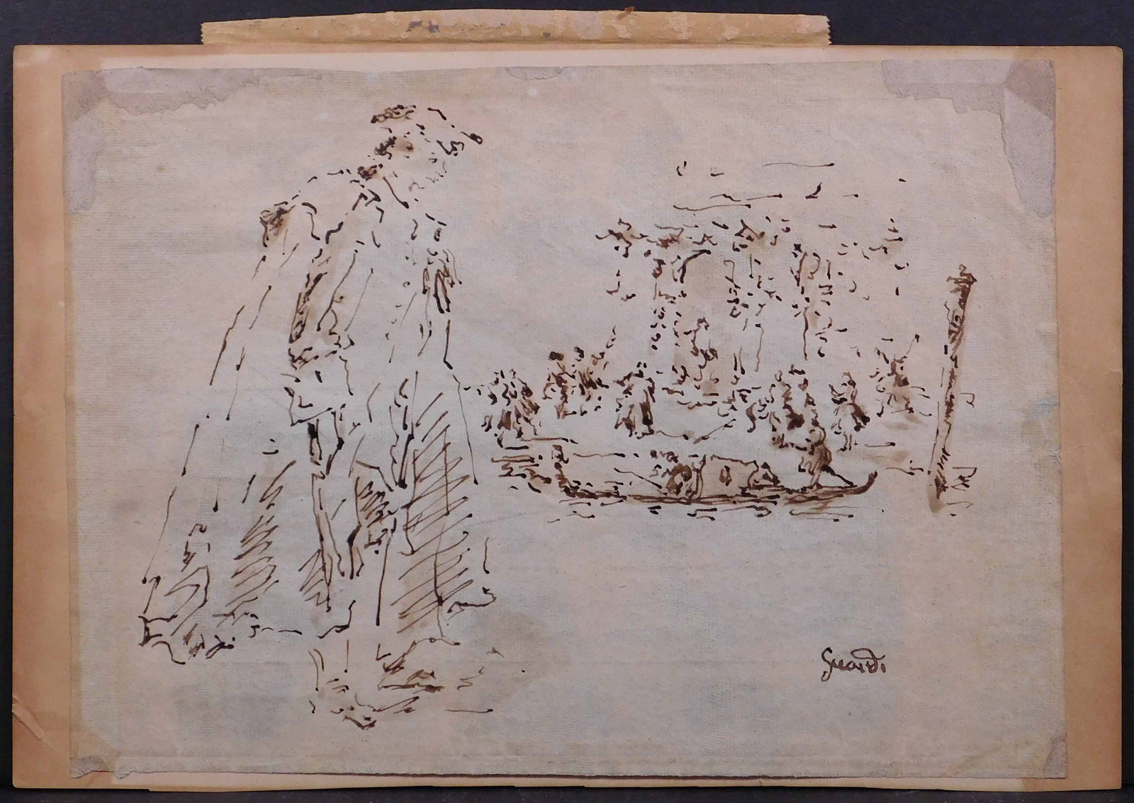 School of Francesco Guardi: Genre Scene Study: School of Francesco Guardi (Italian, 1712 - 1793): Genre Scene Study. Pen and ink on paper mounted to heavier paper, signed lower right, unframed. Francesco Guardi is known for Architectural,