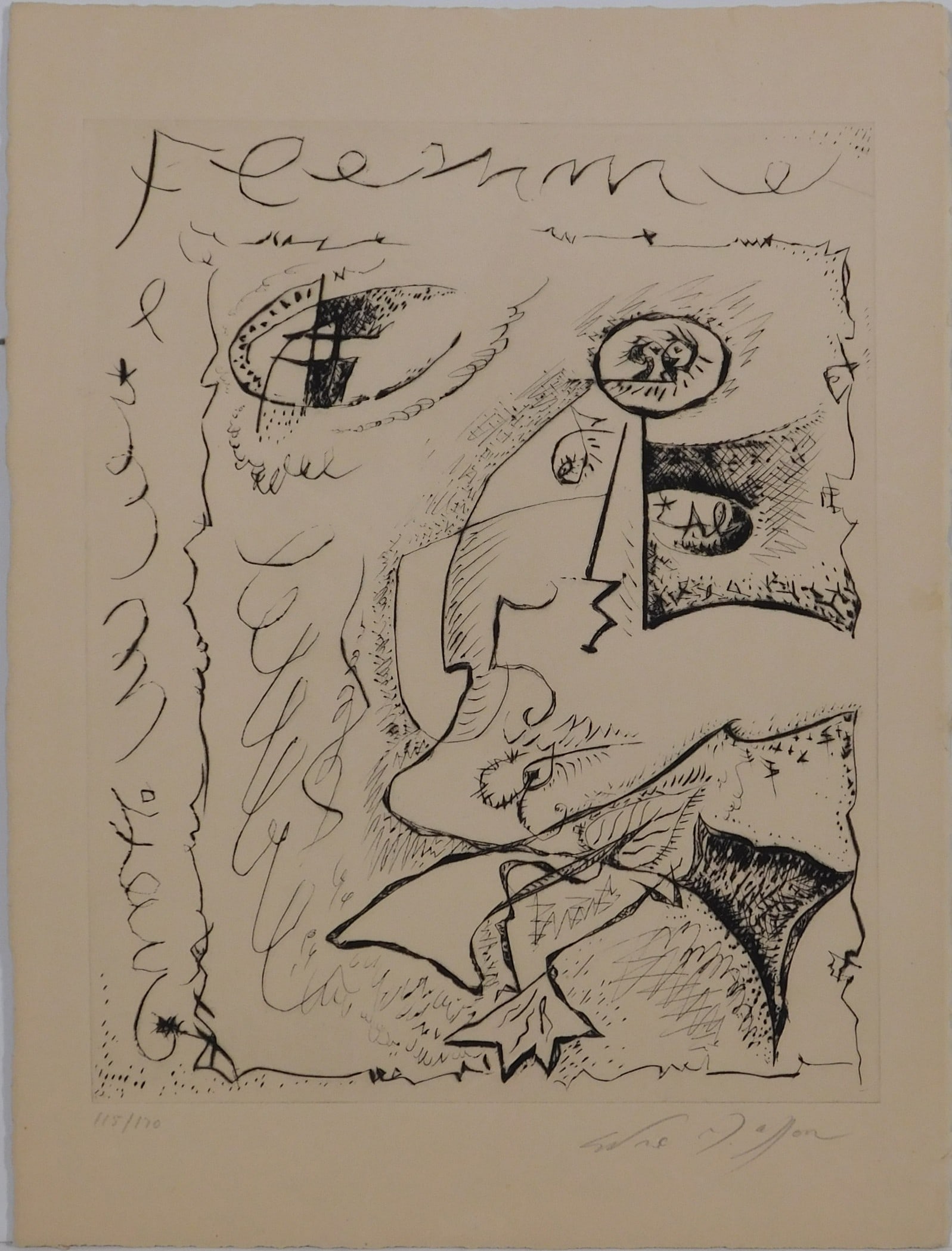 Andre Masson, After: Untitled, from Body and Heart: Andre Masson (French, 1896-1981) After: Untitled, from Body and Heart, 1968. Etching in black on white wove paper. Signed and numbered (115/130) in pencil below. Verso is marked with numbers in