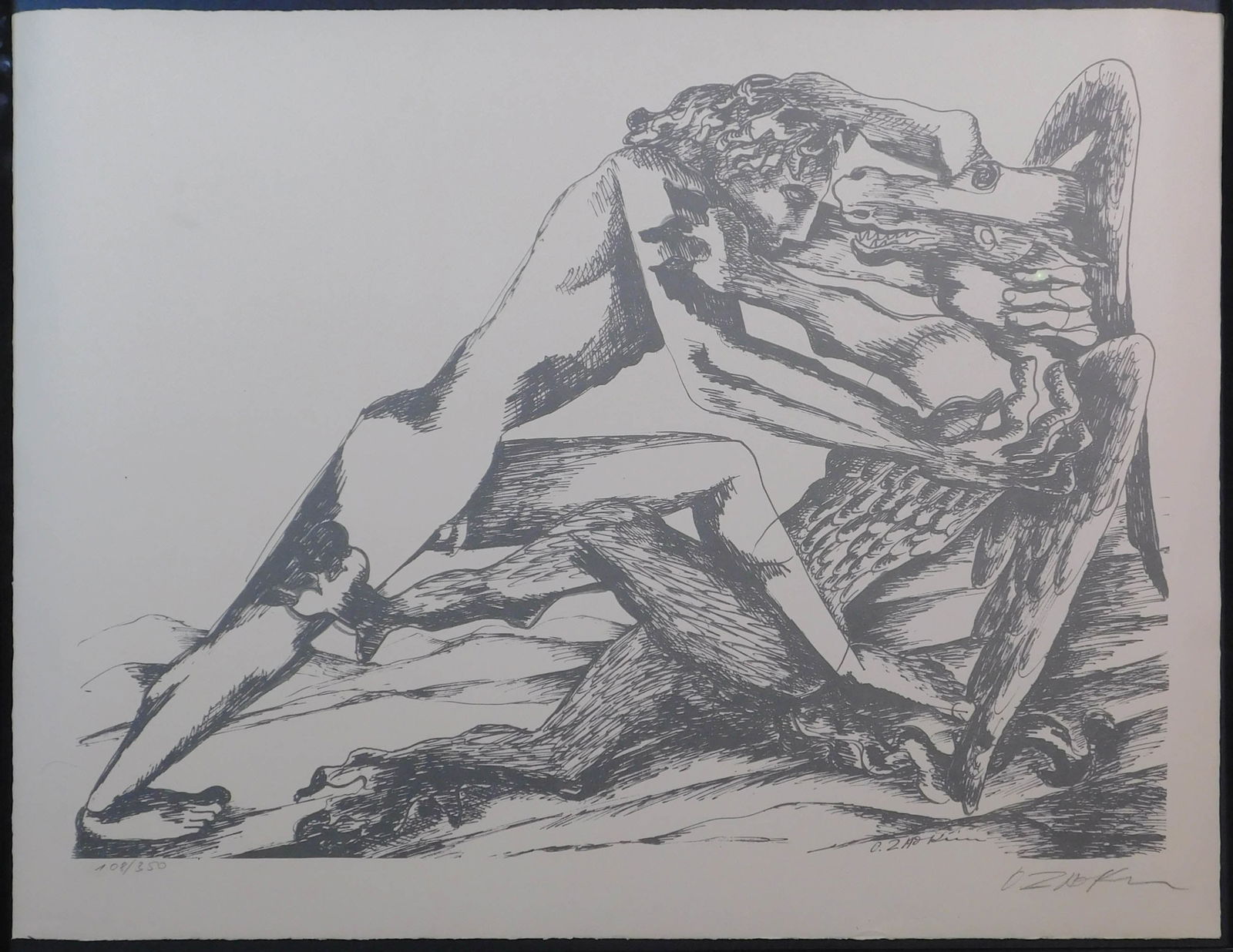 Ossip Zadkine: Combat avec le Dragon des Hesperides: Ossip Zadkine (Russian, 1888-1967): Combat avec le Dragon des Hesperides. This original Lithograph is hand signed in pencil at the lower right corner. It is also hand numbered in pencil 108/350 at the