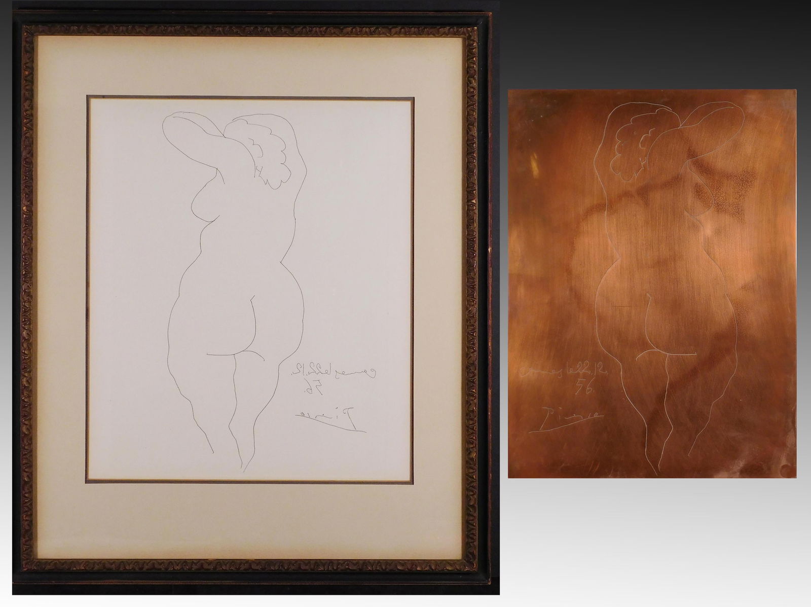 After Pablo Picasso: Nu De Dos Print: After Pablo Picasso (Spanish, 1881-1973): Nu De Dos. Vintage etching printed in the 1970s on fine rag paper. "Nu de Dos" was created by Picasso for a portfolio by Jean Cocteau, which he offered in hom