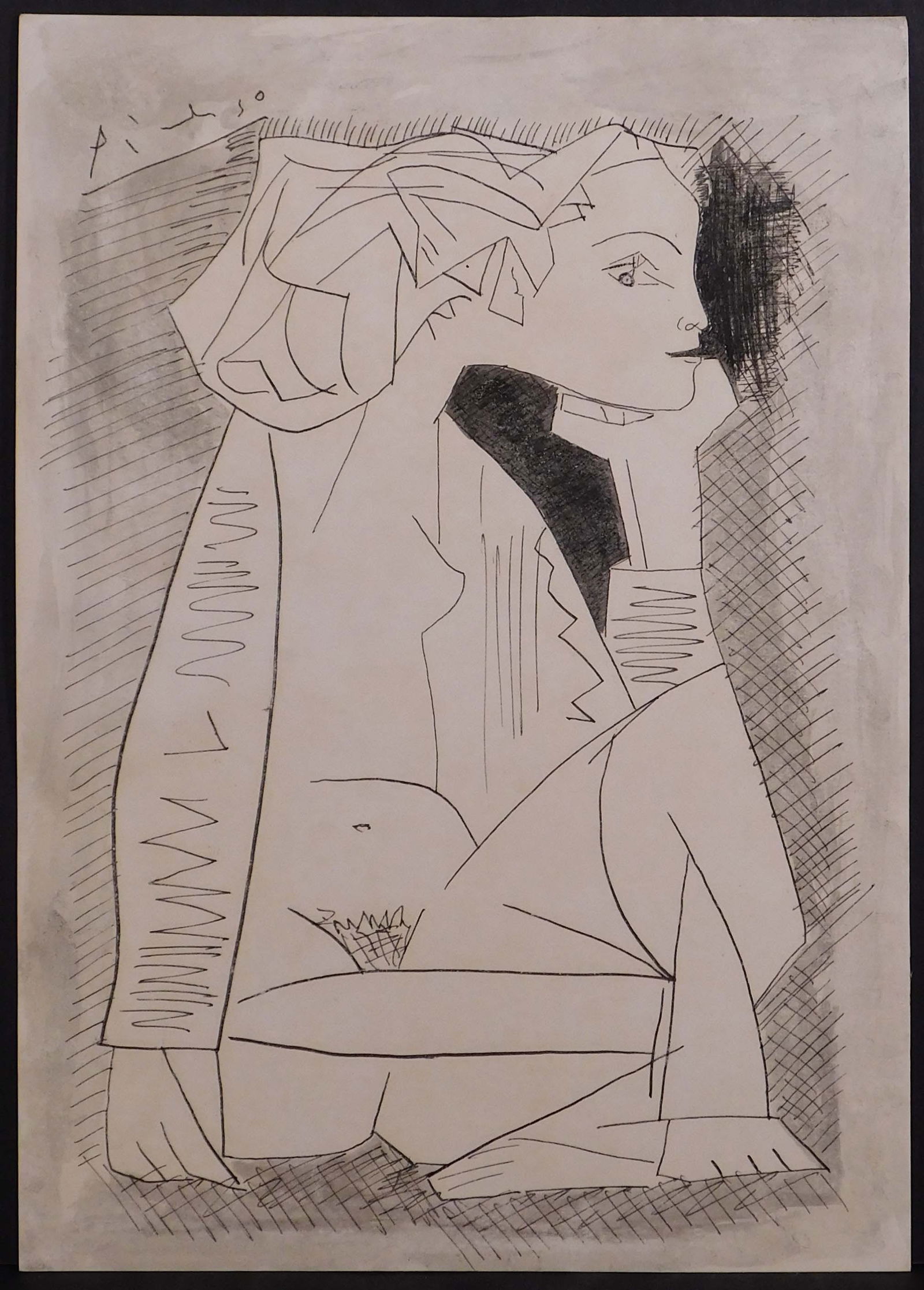 Style of Pablo Picasso: Femme Assise: Style of Pablo Picasso (Spanish, 1881-1973) : Femme Assise. Lithograph on heavy paper, signed in plate upper left . Unframed. The drawing offered comprises part of the "Pacific Palisades Collection";