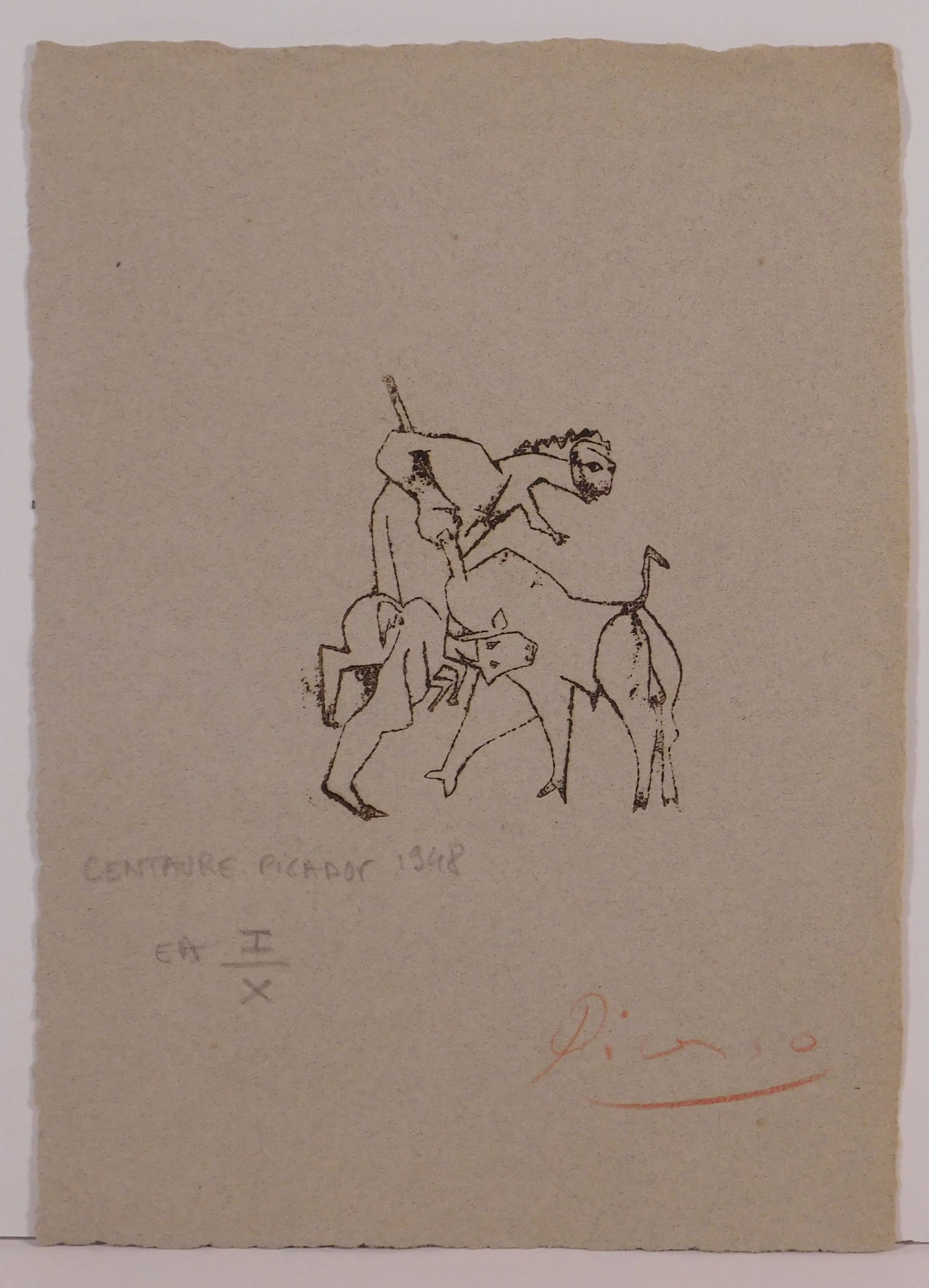 Style of Pablo Picasso: Centaur Picador: Style of Pablo Picasso (Spanish, 1881-1973) : Centaur Picador, 1948. Engraving on paper, signed in red crayon lower right, titled, dated, and numbered (EA I/X). this image was used in Ramon Revento's