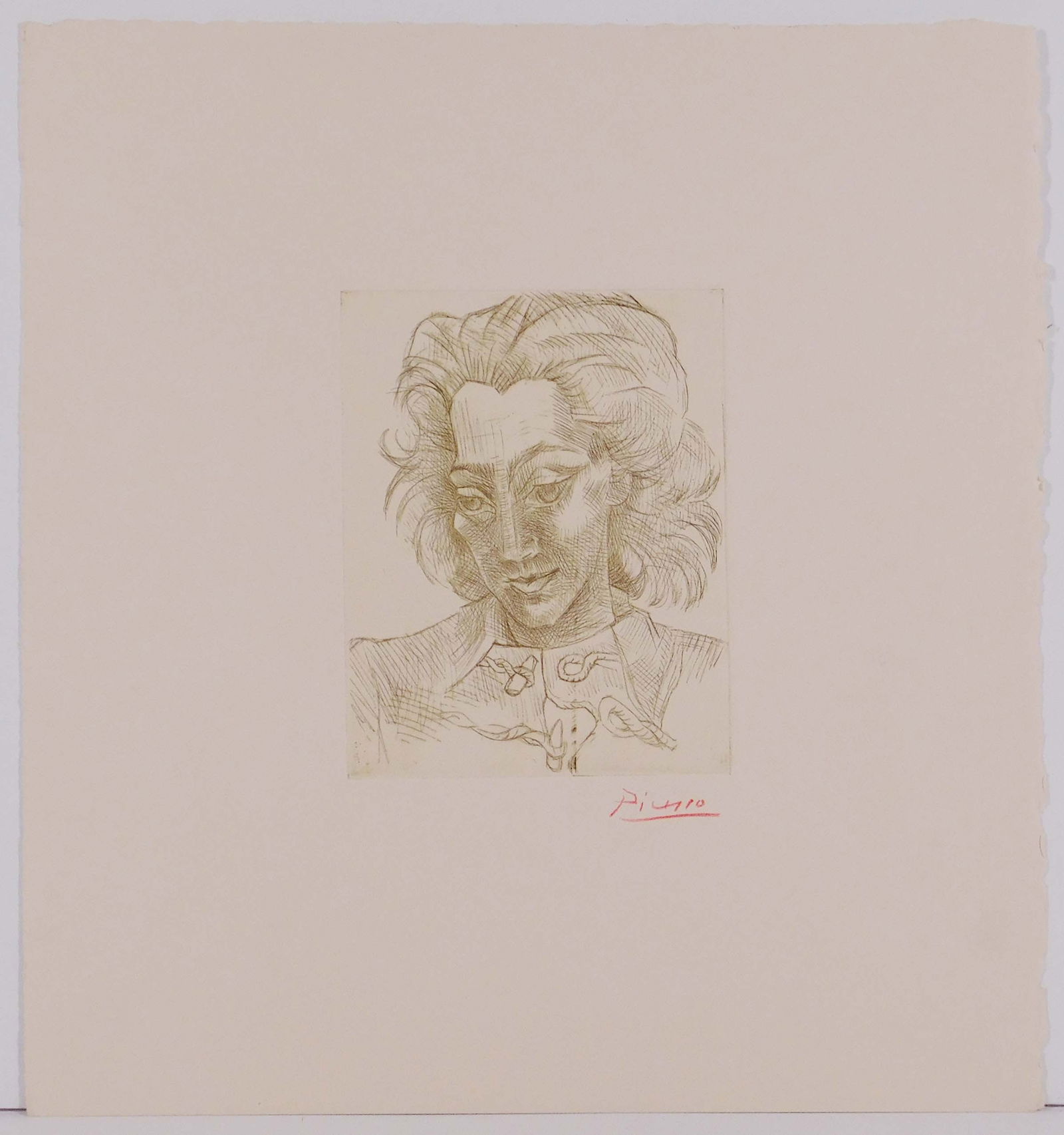 Style of Pablo Picasso: Portrait with Toggle Buttons: Style of Pablo Picasso (Spanish, 1881-1973) : Portrait with Toggle Buttons. Engraving on wove paper. Signed in crayon lower right. The signature on this work has not been verified. 11 x 10 inches pape