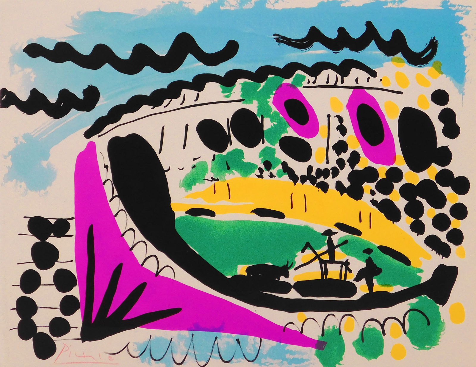 Style of Pablo Picasso: Bull Fight: Style of Pablo Picasso (Spanish, 1881-1973: Bull Fight. Color lithograph, signed in crayon, unframed. This print comes accompanied by a copy of the invoice from its sale in 2005. The signature on