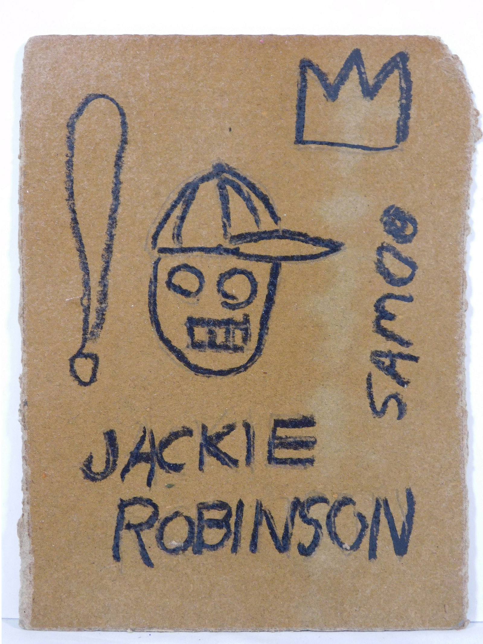 Jean -Michel Basquiat, Attributed: Jackie Robinson: Jean-Michel Basquiat (American, 1960 - 1988) Attributed, Jackie Robinson Postcard. Pencil and black crayon on carton board. Initialed verso, undated and unframed. Prior to achieving fame as an