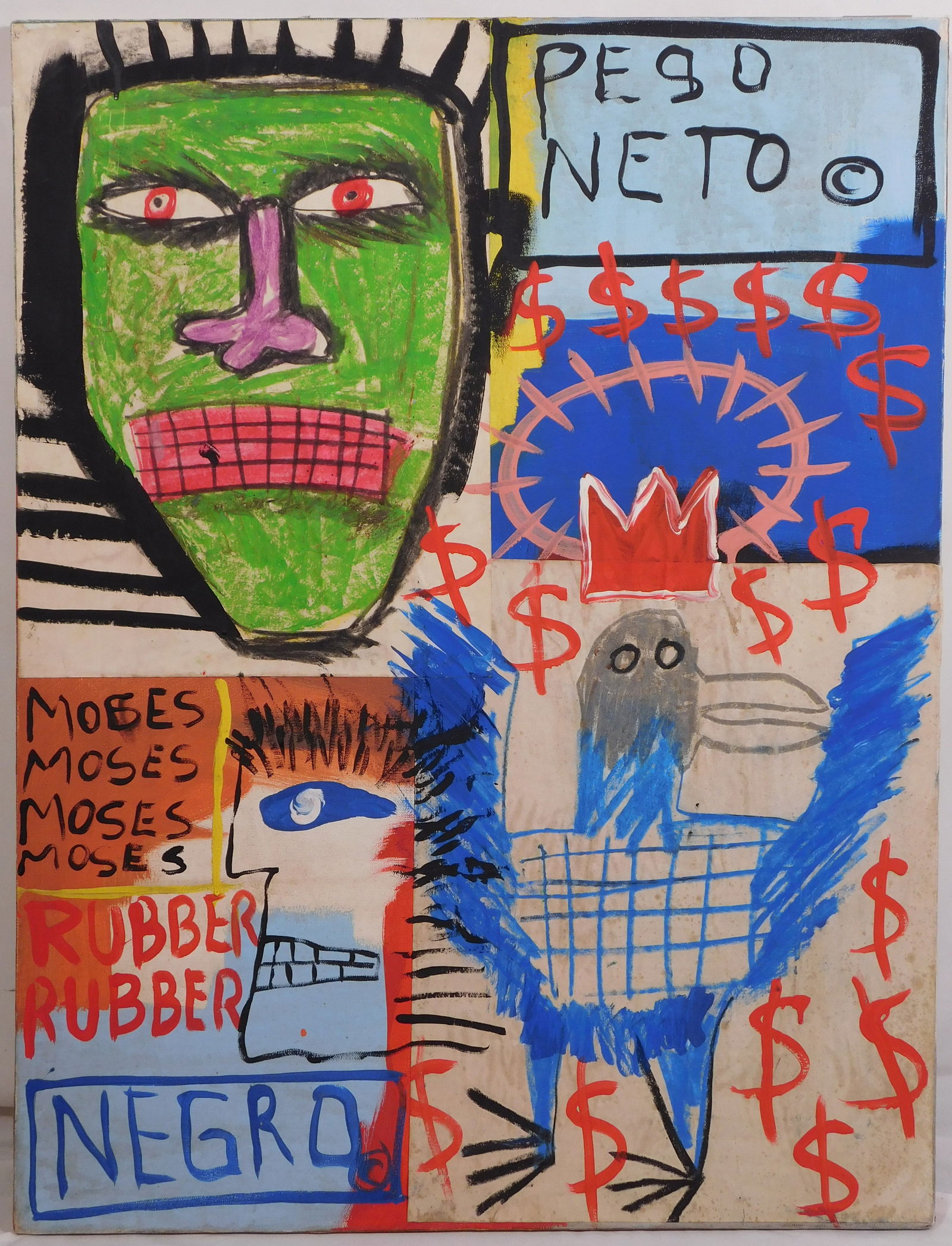 Jean -Michel Basquiat, Manner of : Peso Neto: Jean-Michel Basquiat (American, 1960 - 1988) Manner of: Peso Neto, mixed media and collage on canvas, signed on the back and dated '82. 31.5 x 23.5 inches Private collection, North Carolina, USA.